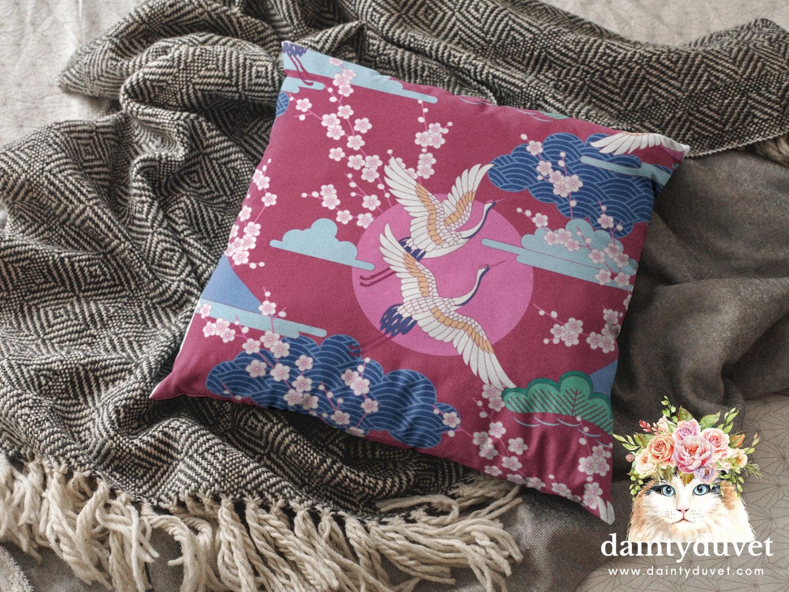 Red Violet Pillowcase with Crane and Cherry Blossoms Prints, Japanese Fabric Chair Cushion Cover, Japanese Decor Square Pi…