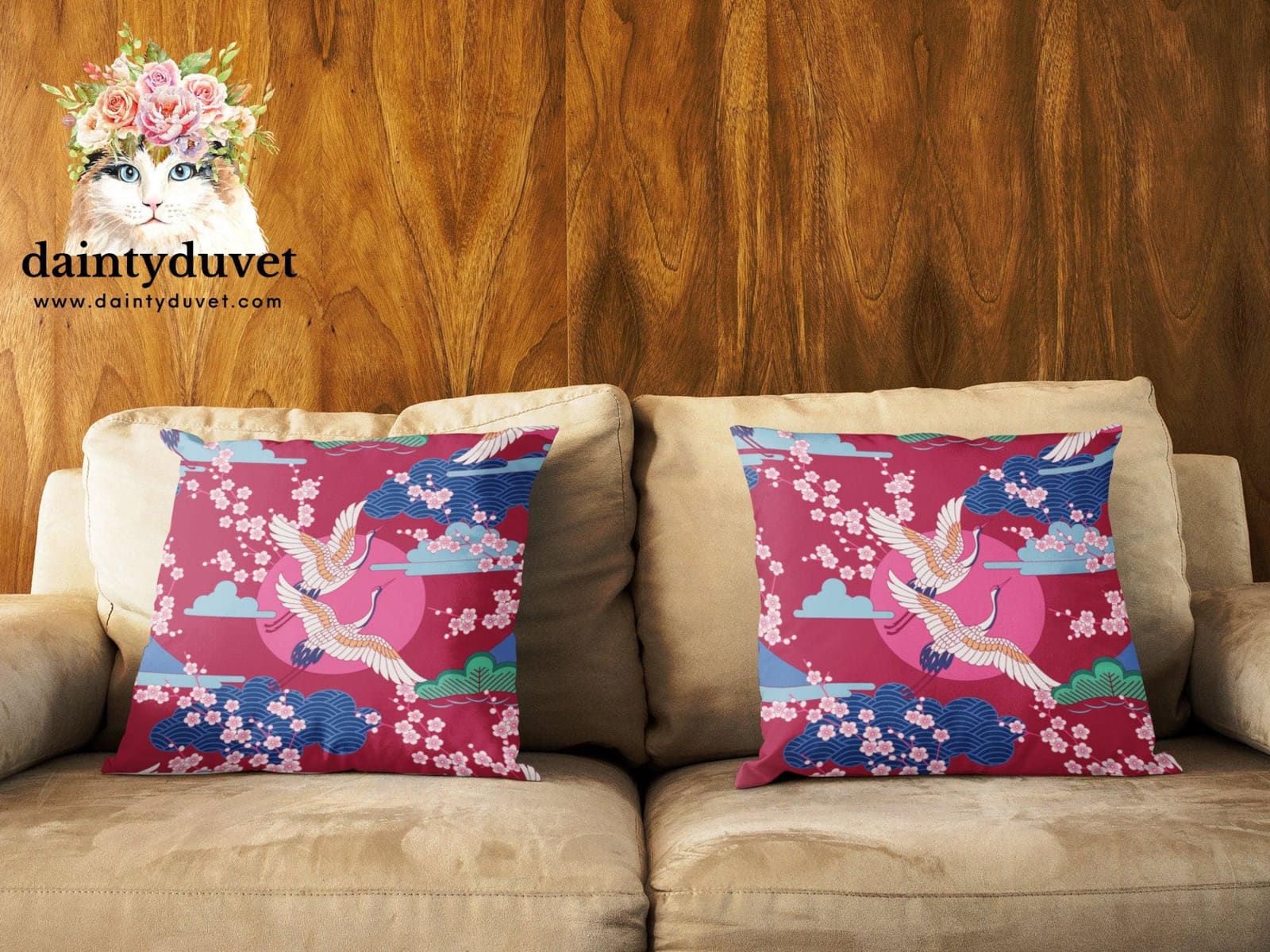 Red Violet Pillowcase with Crane and Cherry Blossoms Prints, Japanese Fabric Chair Cushion Cover, Japanese Decor Square Pi…