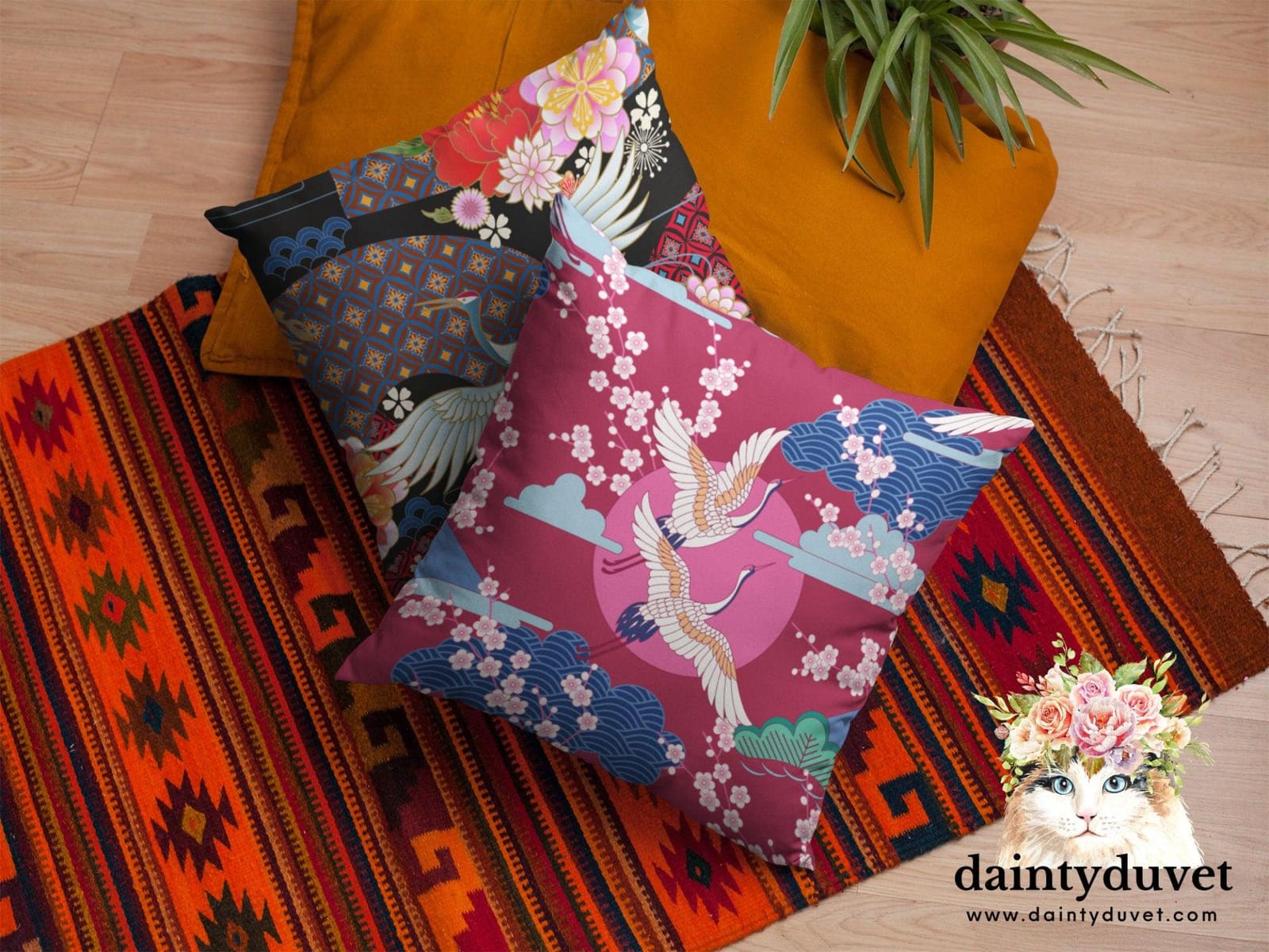Red Violet Pillowcase with Crane and Cherry Blossoms Prints, Japanese Fabric Chair Cushion Cover, Japanese Decor Square Pi…