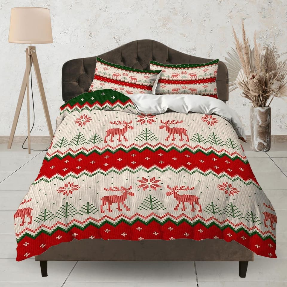Reindeer 1950s Christmas bedding & pillowcase holiday gift duvet cover king queen full twin toddler bedding baby Christmas…