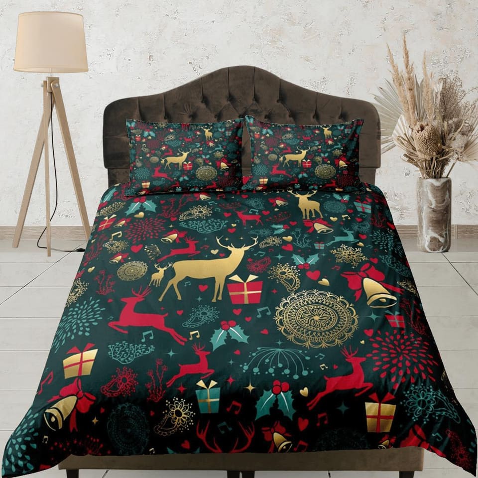 Reindeer luxury green Christmas bedding & pillowcase holiday gift duvet cover king queen full twin toddler bedding baby Ch…