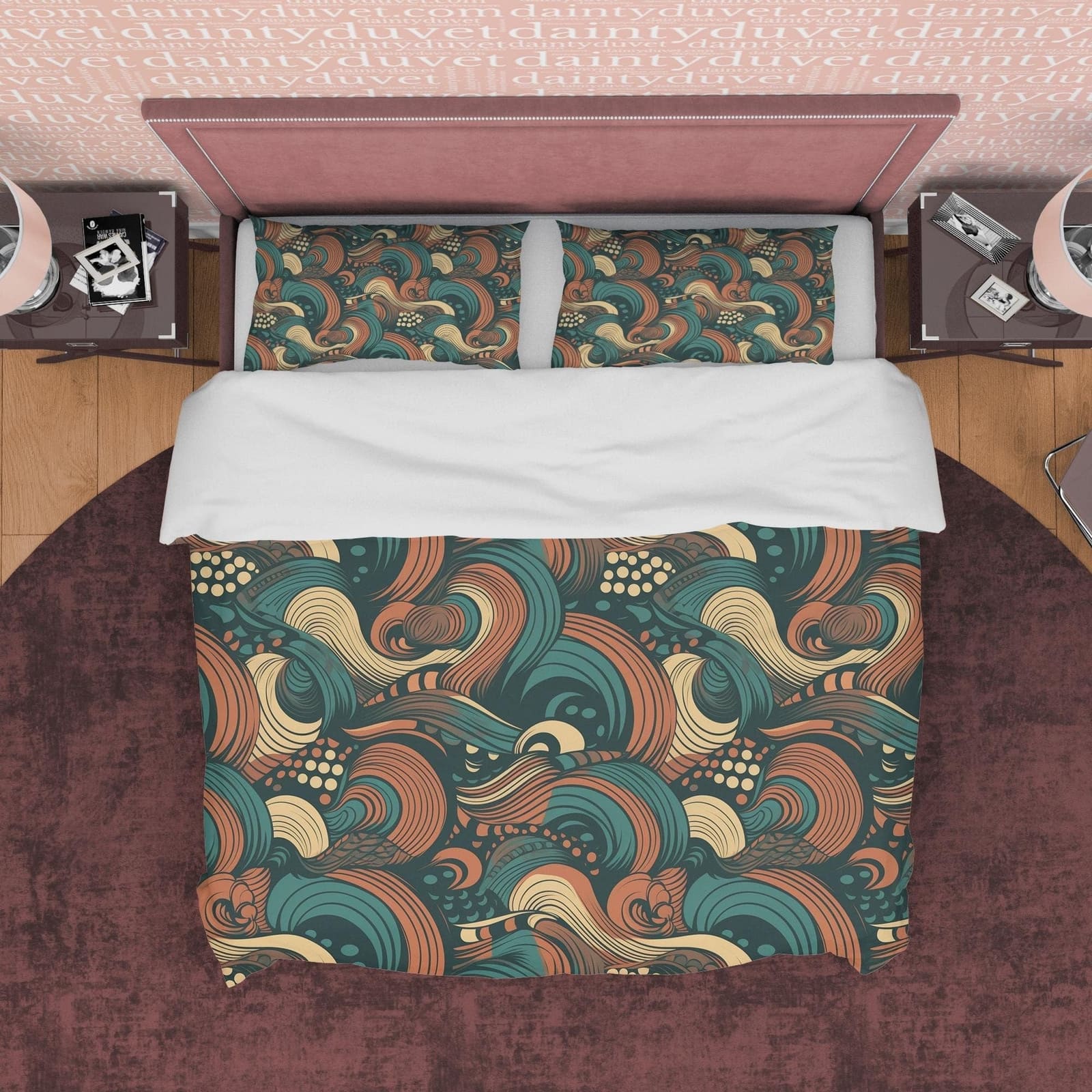 Retro Bedding Set, Matte Color Cotton Duvet Cover, Green Brown Quilt Cover, Vintage Bedspread, 70's Nostalgia Bed Cover, Z…