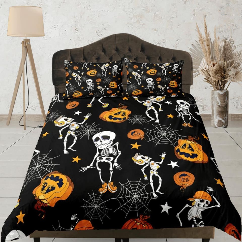 Retro black halloween bedding & pillowcase, gothic duvet cover, dorm bedding, halloween decor goth bedding, halloween gift…