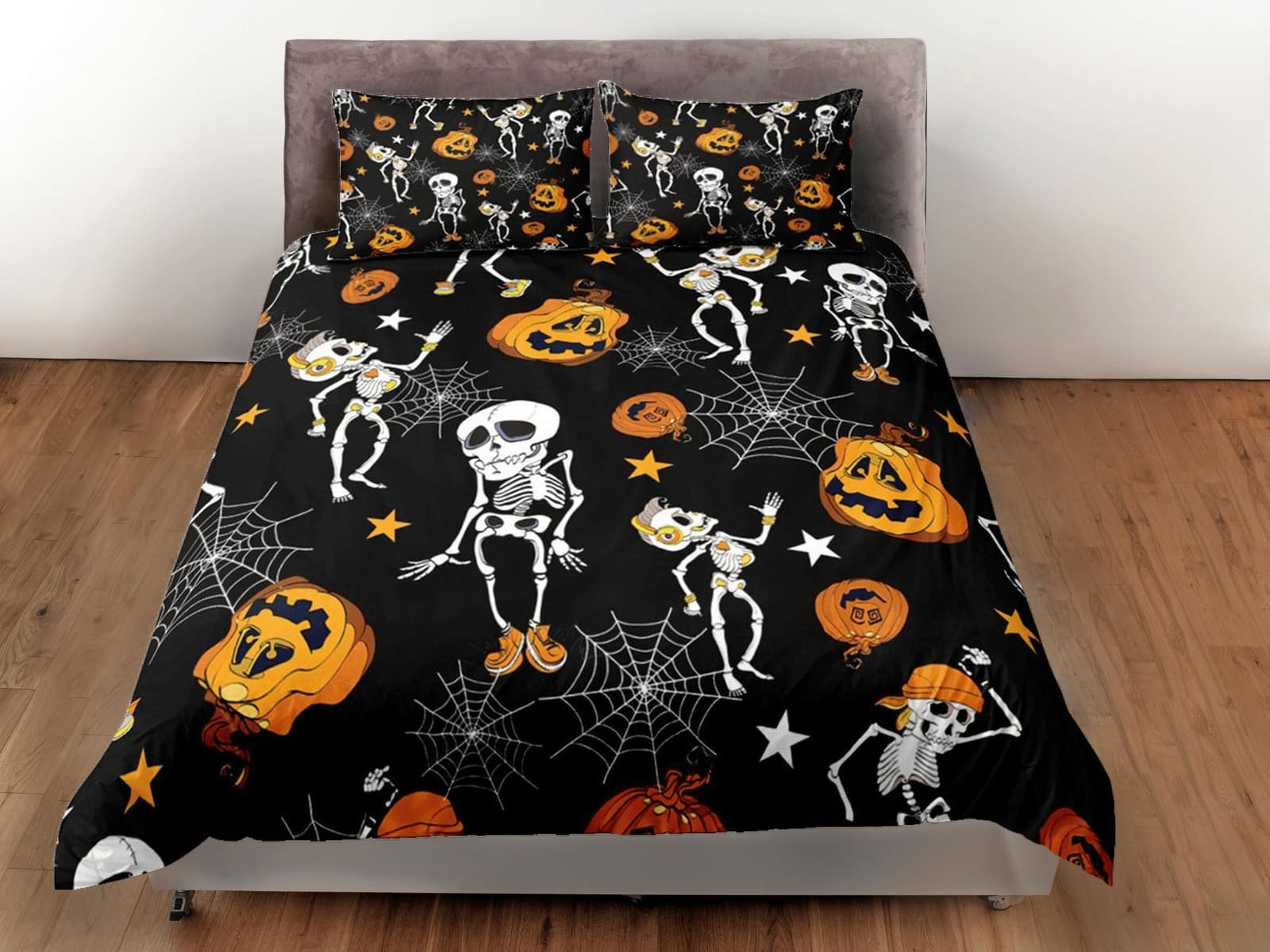 Retro black halloween bedding & pillowcase, gothic duvet cover, dorm bedding, halloween decor goth bedding, halloween gift…