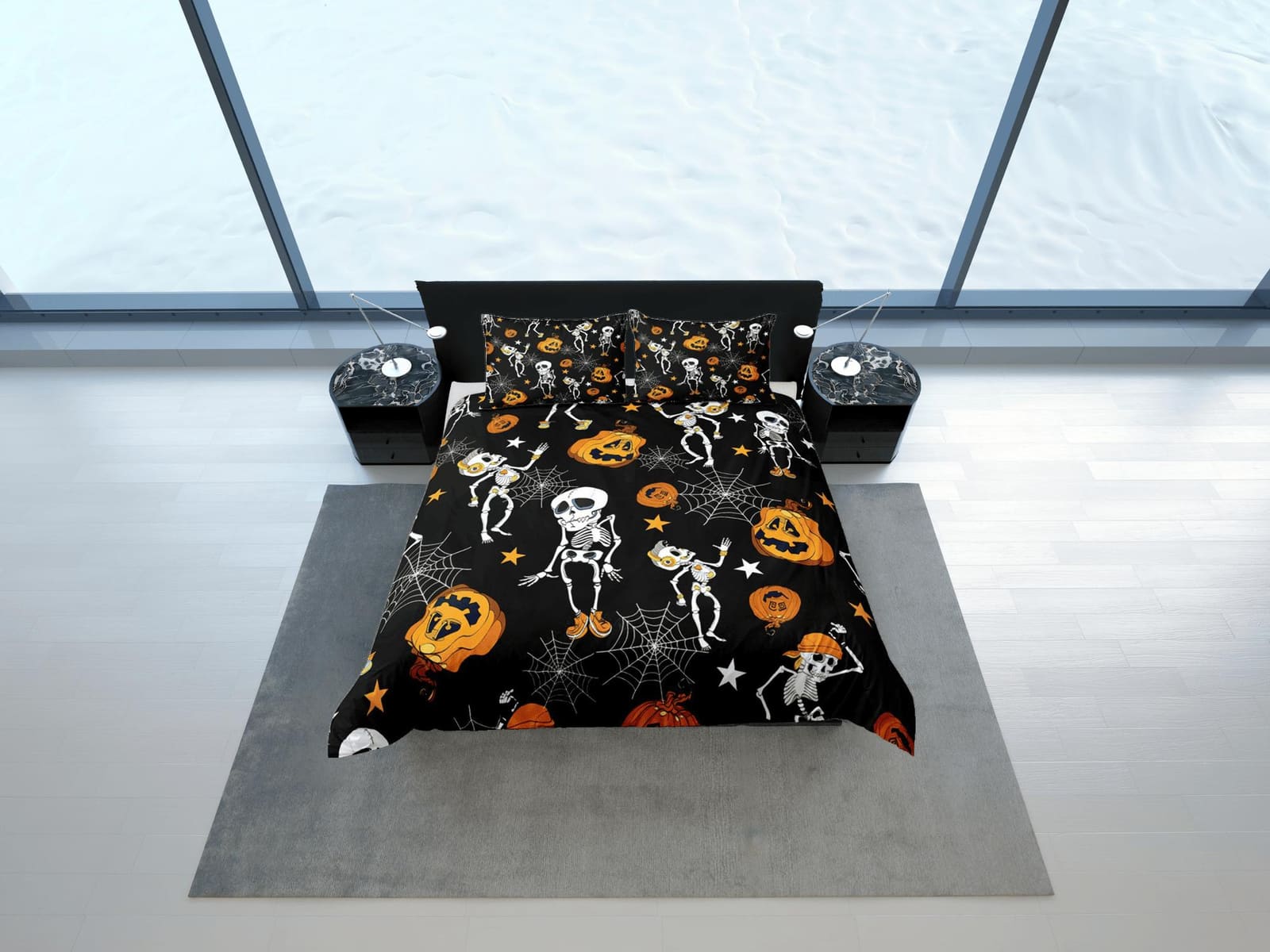 Retro black halloween bedding & pillowcase, gothic duvet cover, dorm bedding, halloween decor goth bedding, halloween gift…