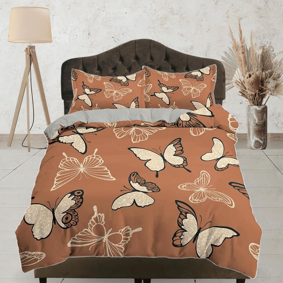 Retro butterfly bedding brown duvet cover colorful dorm bedding, full size adult duvet king queen twin, butterfly nursery…