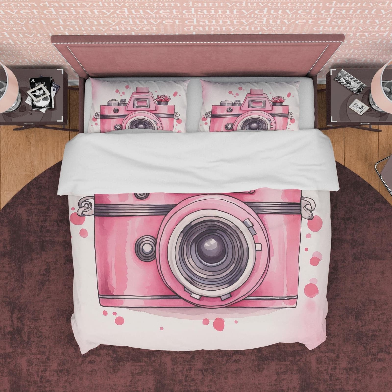 Retro Camera Duvet Cover Set Baby Pink Bedding, Vintage Girly Bedroom Set, Cute Quilt Cover, Photophille Bedspread, Photog…