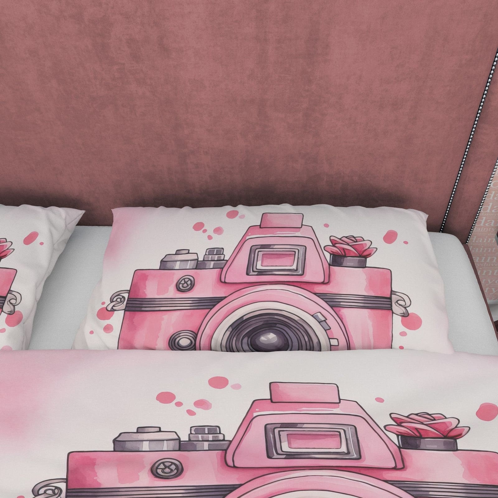 Retro Camera Duvet Cover Set Baby Pink Bedding, Vintage Girly Bedroom Set, Cute Quilt Cover, Photophille Bedspread, Photog…