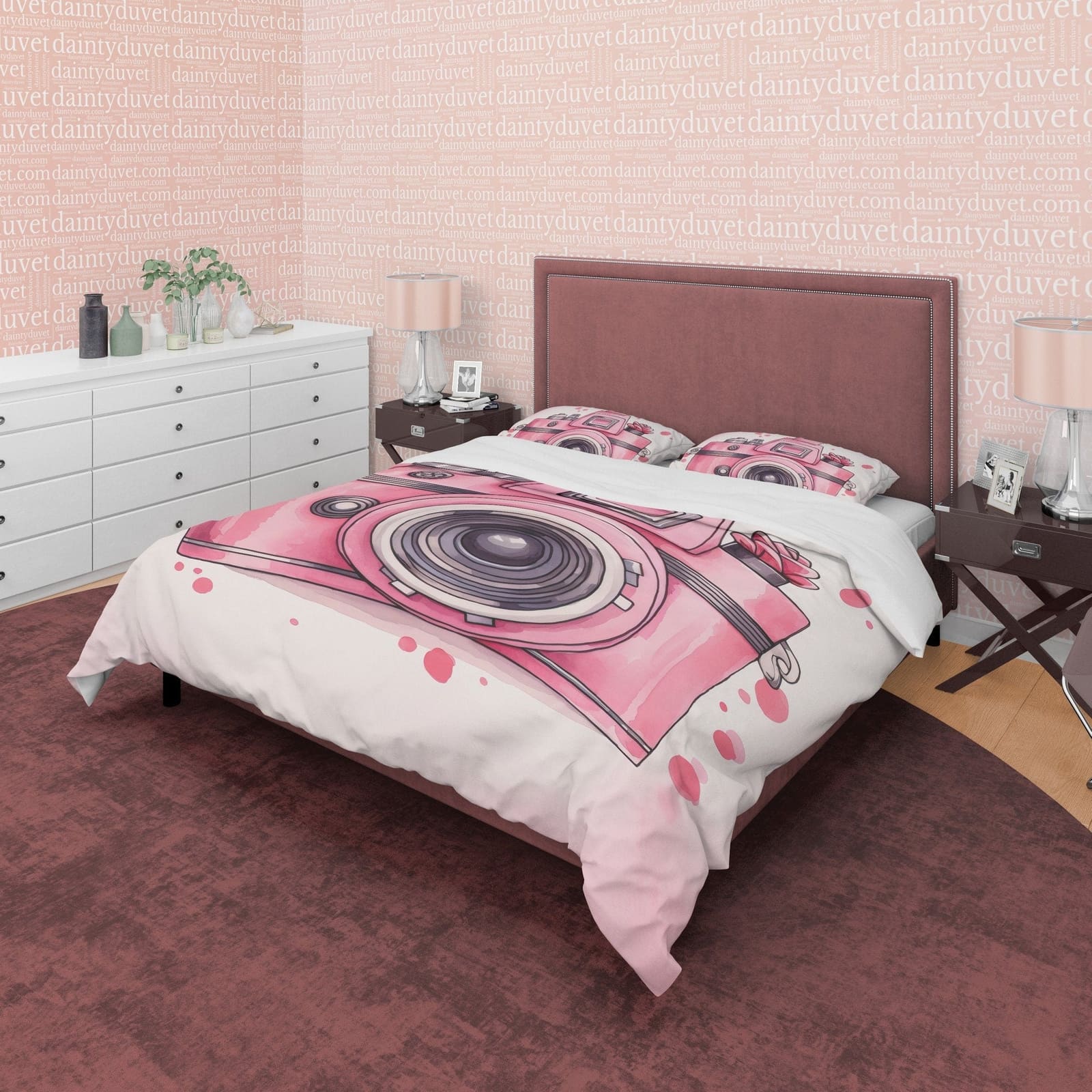 Retro Camera Duvet Cover Set Baby Pink Bedding, Vintage Girly Bedroom Set, Cute Quilt Cover, Photophille Bedspread, Photog…