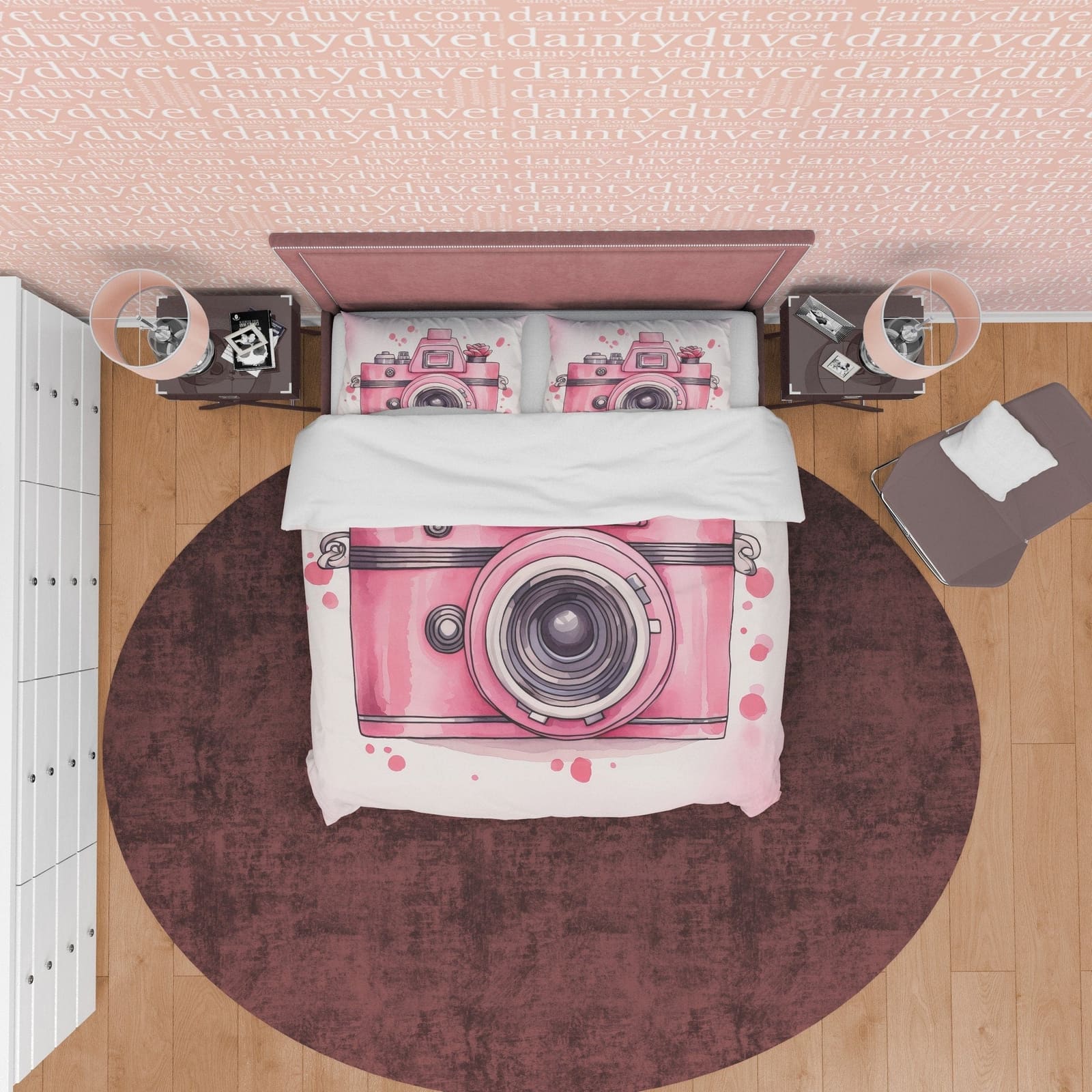 Retro Camera Duvet Cover Set Baby Pink Bedding, Vintage Girly Bedroom Set, Cute Quilt Cover, Photophille Bedspread, Photog…