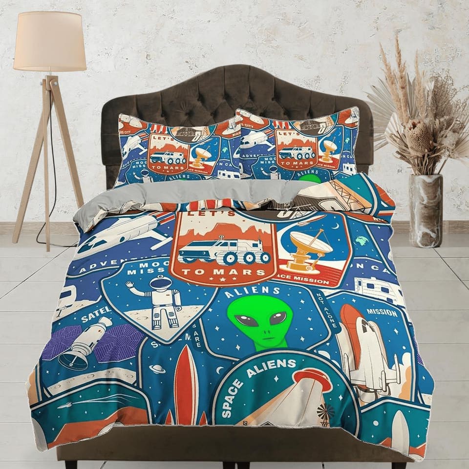 Retro galaxy theme with alien, ufo and astronaut toddler bedding, duvet cover kids, crib bedding, baby zipper bedding, kin…