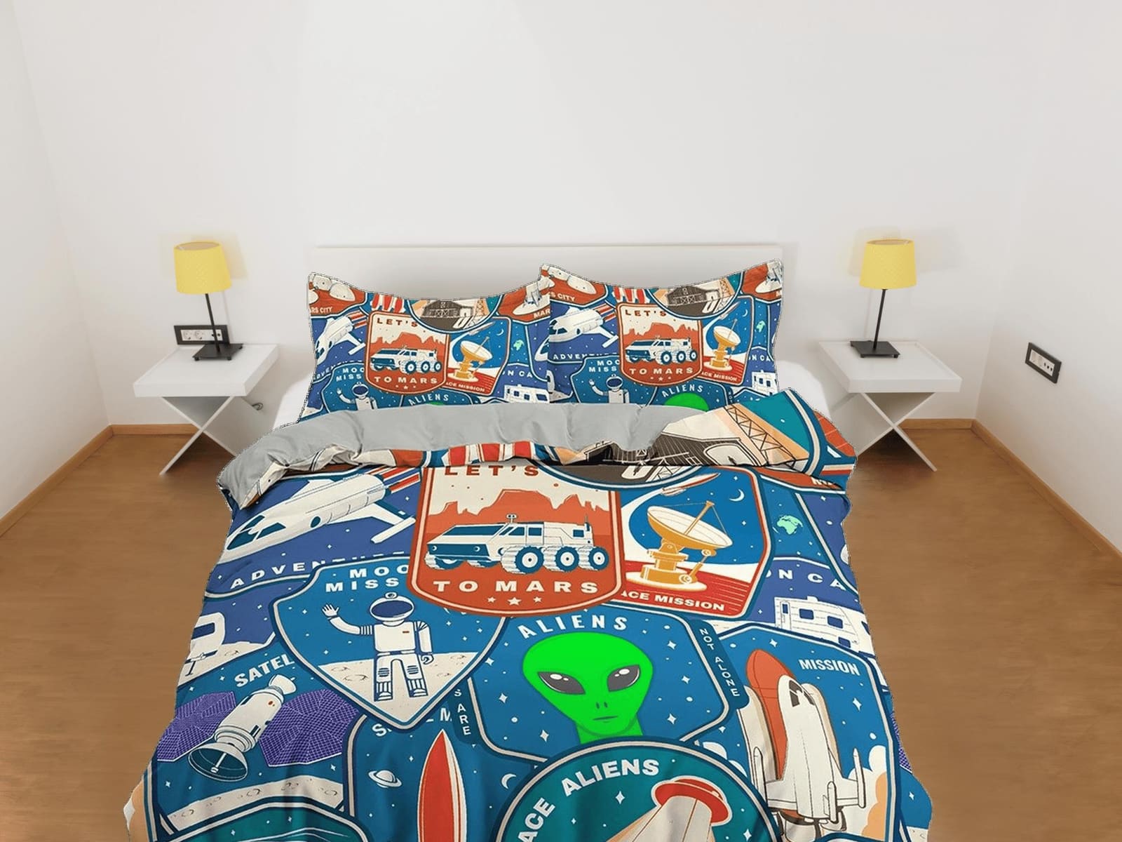 Retro galaxy theme with alien, ufo and astronaut toddler bedding, duvet cover kids, crib bedding, baby zipper bedding, kin…