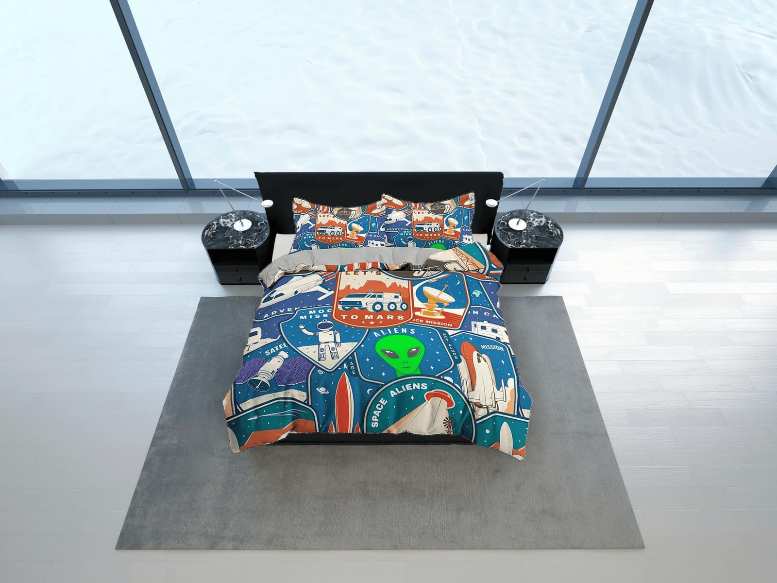 Retro galaxy theme with alien, ufo and astronaut toddler bedding, duvet cover kids, crib bedding, baby zipper bedding, kin…