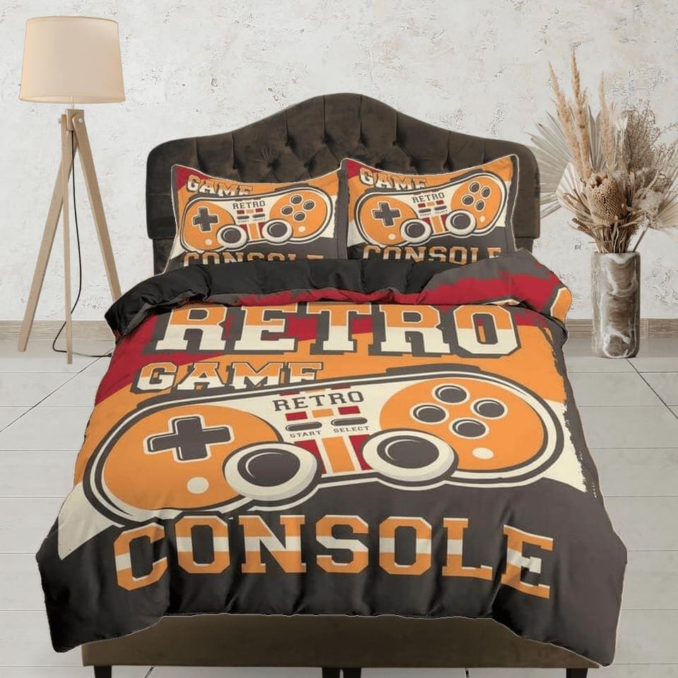 Retro game console gamer bedding duvet cover, video gamer boyfriend gift bedding set full king queen twin, boys bedroom, d…