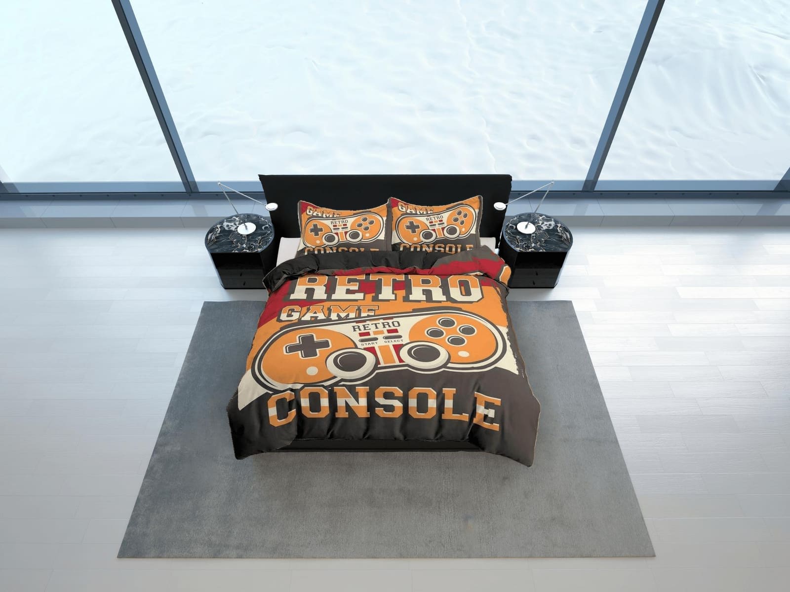Retro game console gamer bedding duvet cover, video gamer boyfriend gift bedding set full king queen twin, boys bedroom, d…