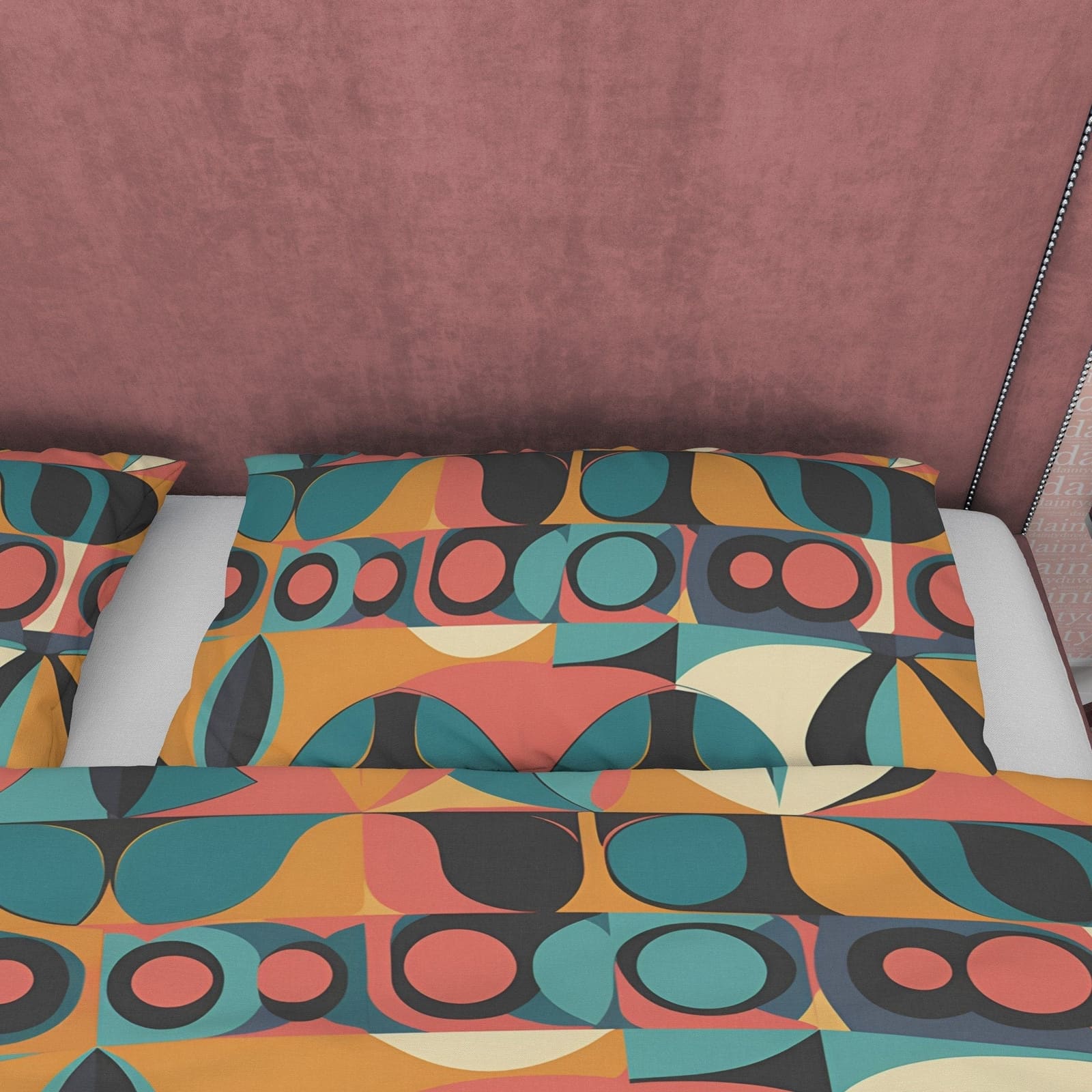 Retro Geometric Bedding Set, Green Orange Duvet Cover, Vintage Quilt Cover, 70's Nostalgia Bedspread, Unique Bed Cover, Zi…