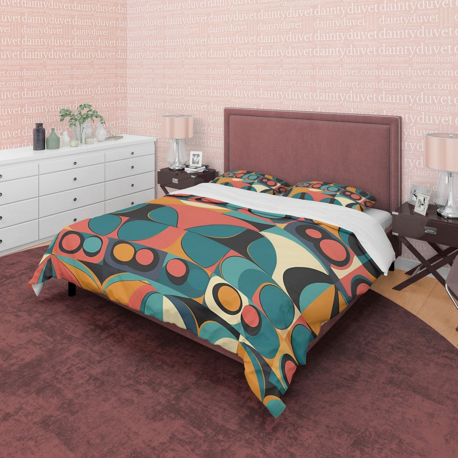 Retro Geometric Bedding Set, Green Orange Duvet Cover, Vintage Quilt Cover, 70's Nostalgia Bedspread, Unique Bed Cover, Zi…