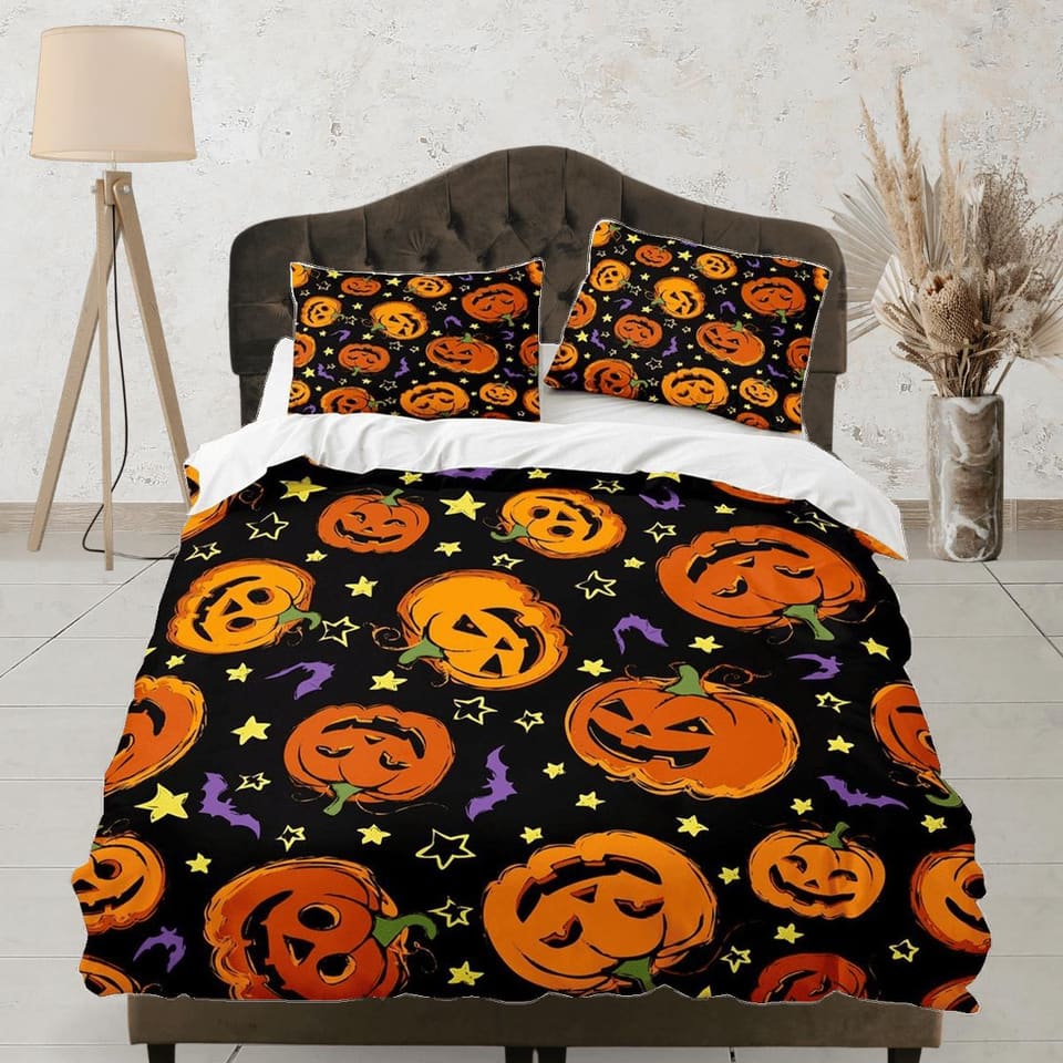 Retro halloween bedding & pillowcase, bat pumpkin duvet cover set dorm bedding, halloween decor, nursery toddler bedding,…