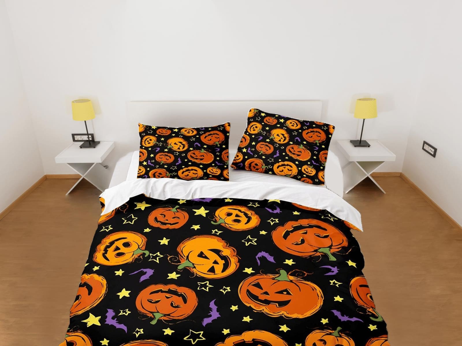 Retro halloween bedding & pillowcase, bat pumpkin duvet cover set dorm bedding, halloween decor, nursery toddler bedding,…