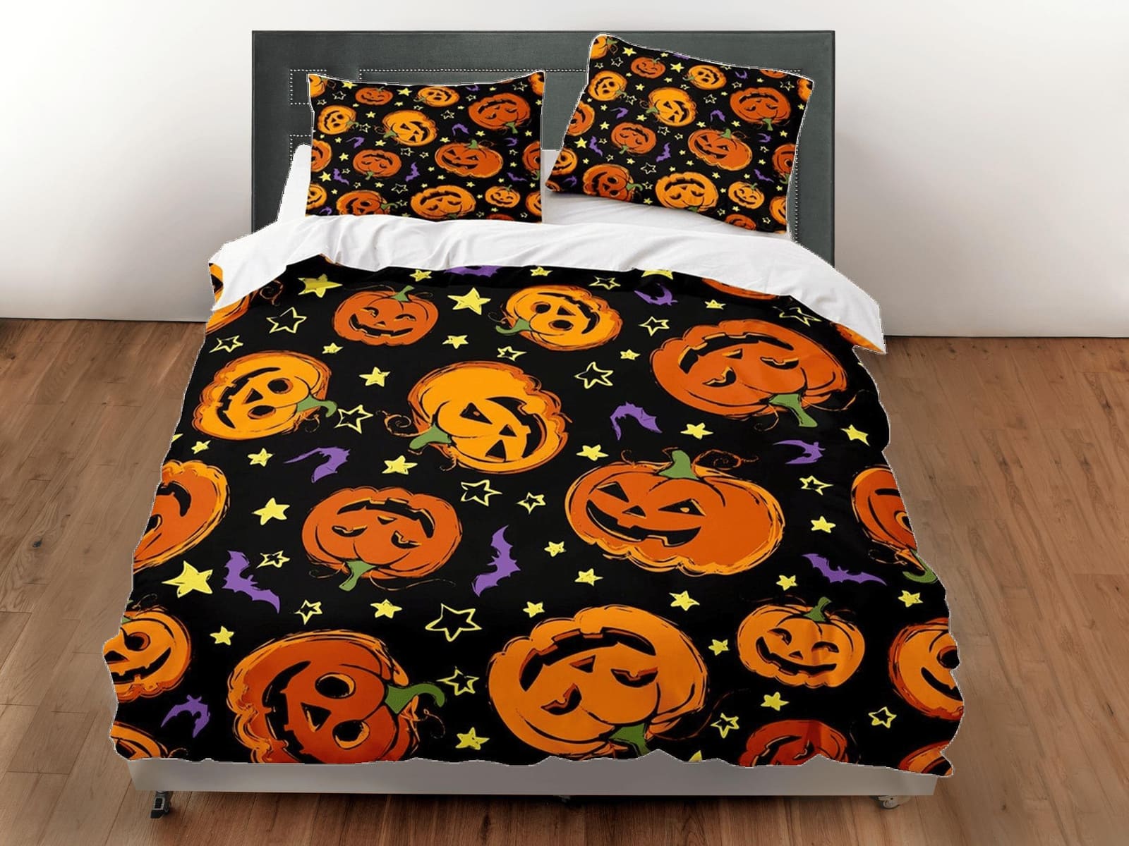 Retro halloween bedding & pillowcase, bat pumpkin duvet cover set dorm bedding, halloween decor, nursery toddler bedding,…