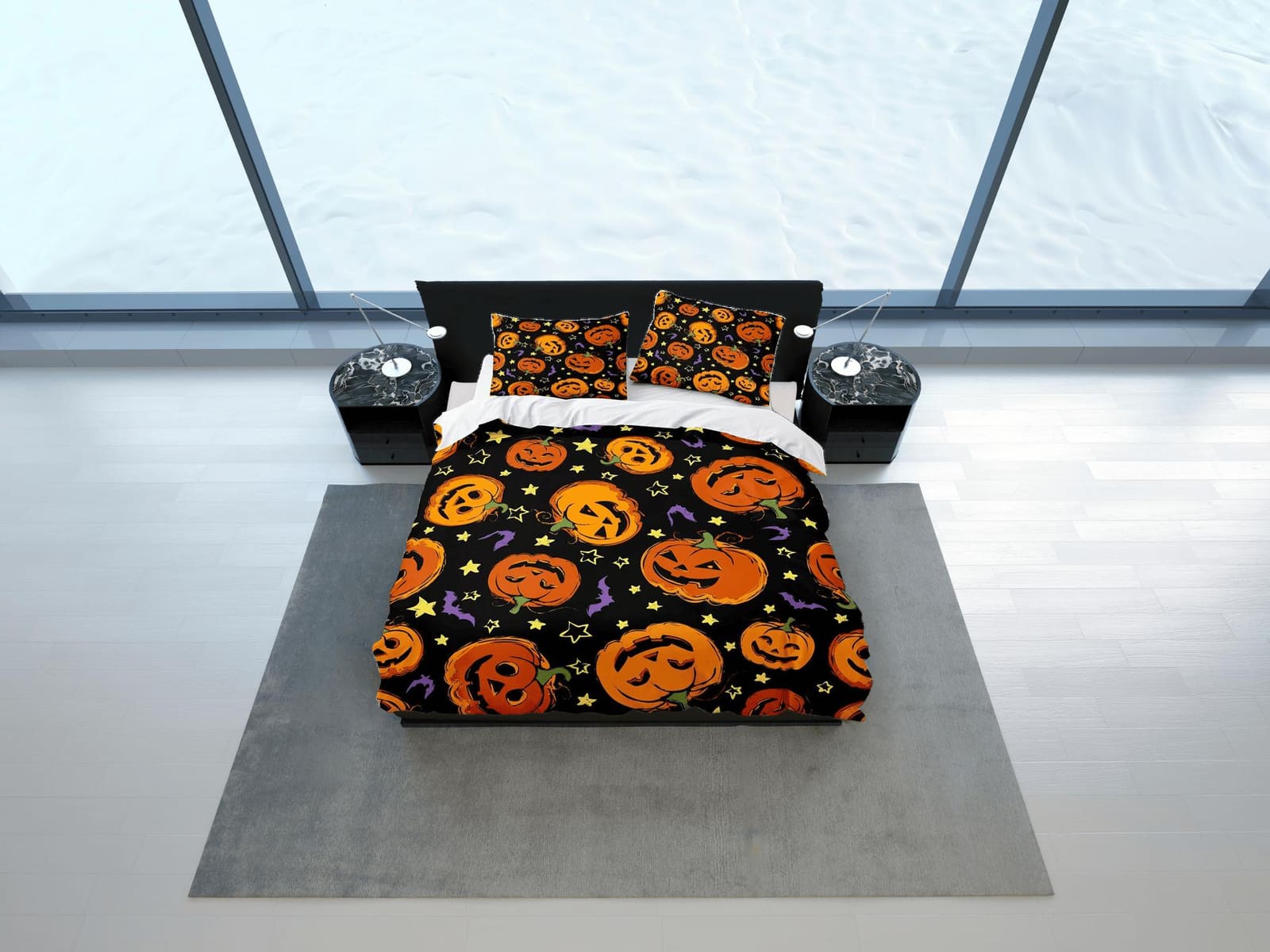 Retro halloween bedding & pillowcase, bat pumpkin duvet cover set dorm bedding, halloween decor, nursery toddler bedding,…