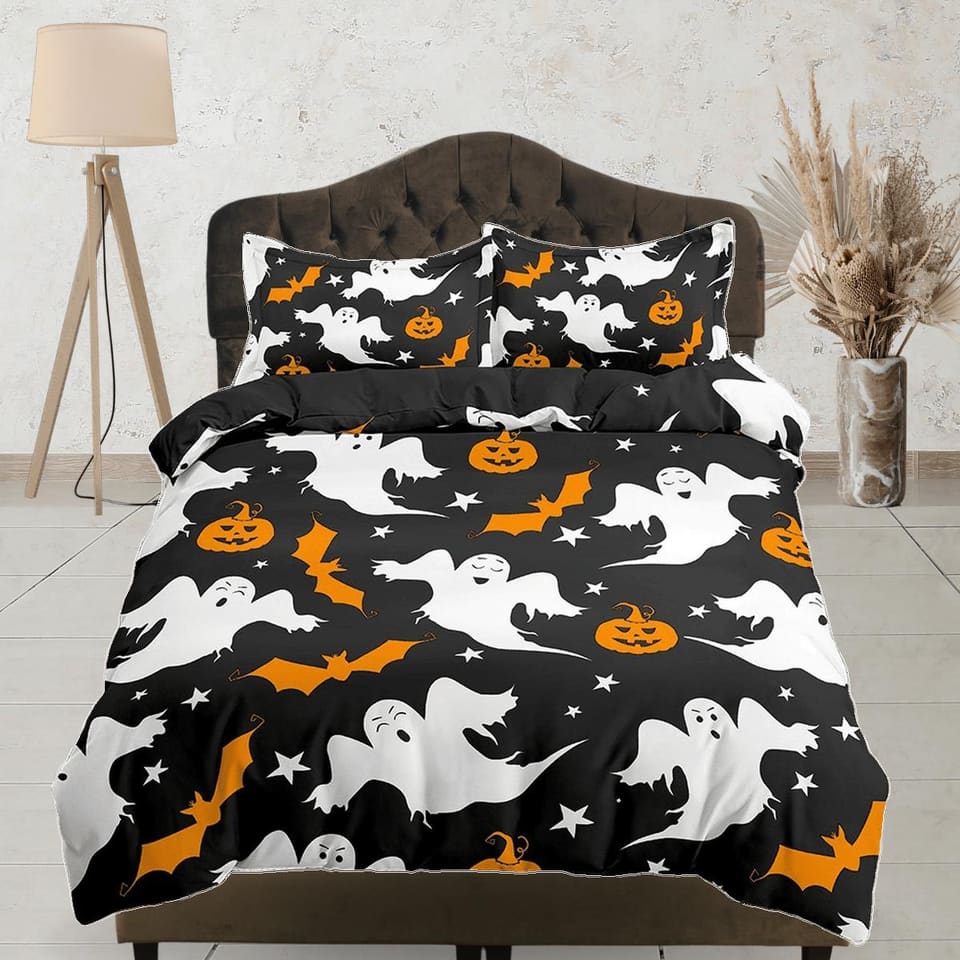 Retro halloween bedding & pillowcase, ghost and pumpkin duvet cover set dorm bedding, halloween decor, toddler bedding, ha…