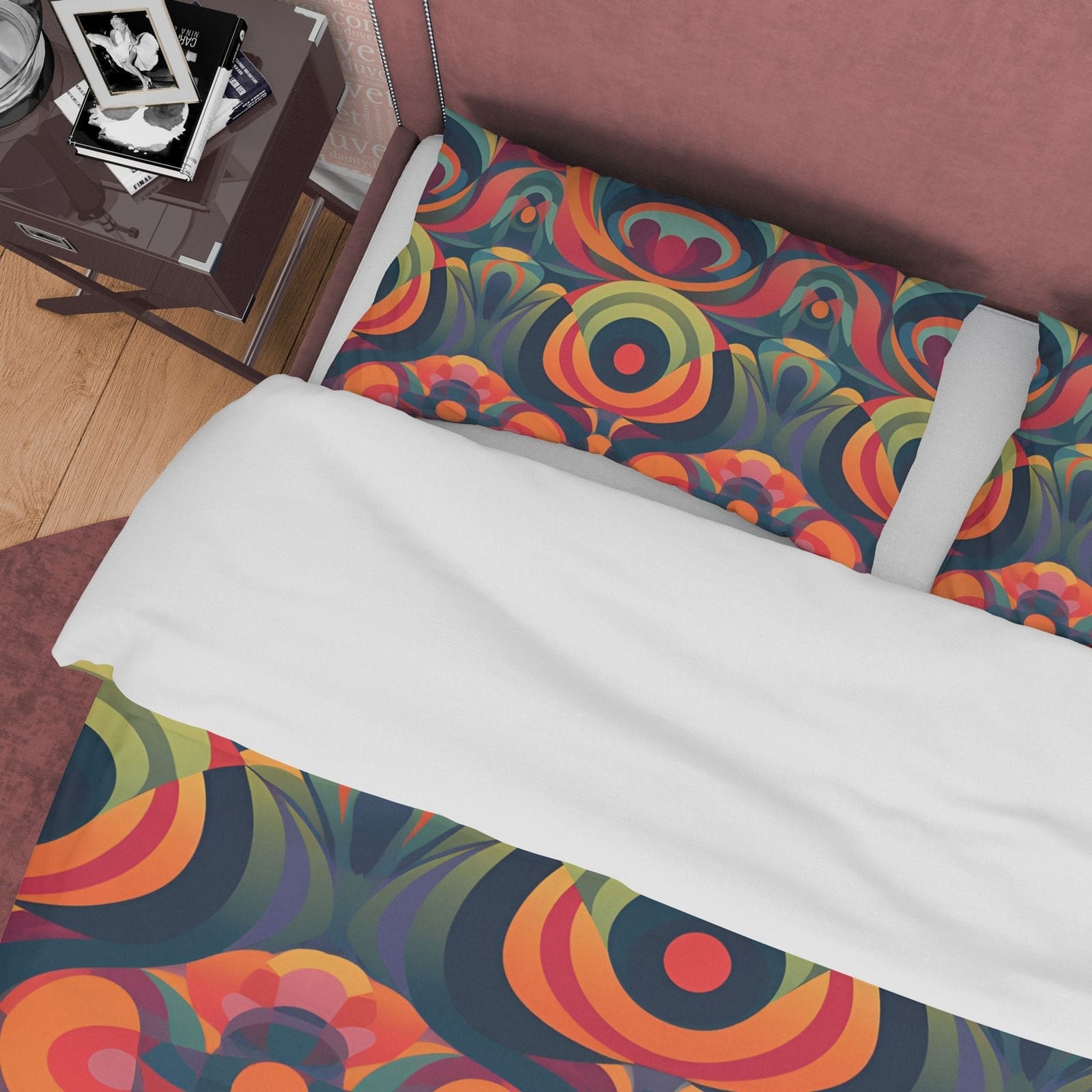 Retro Orange Geometric Duvet Cover, Vintage  70's Pattern Quilt Cover, Burning Pattern Bedspread, Unique Flame Bed Cover,…