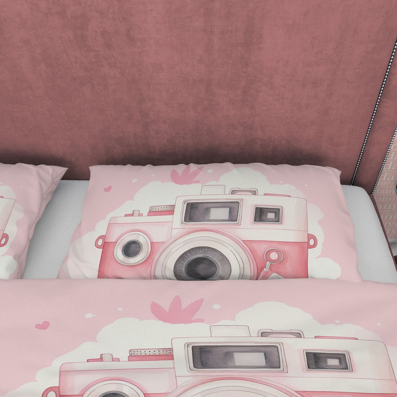 Retro Pink Camera Girls Bedroom Duvet Cover, Photography Lover Bedroom Quilt, Girly Vintage Camera Pink Bedspread, Girl Ph…