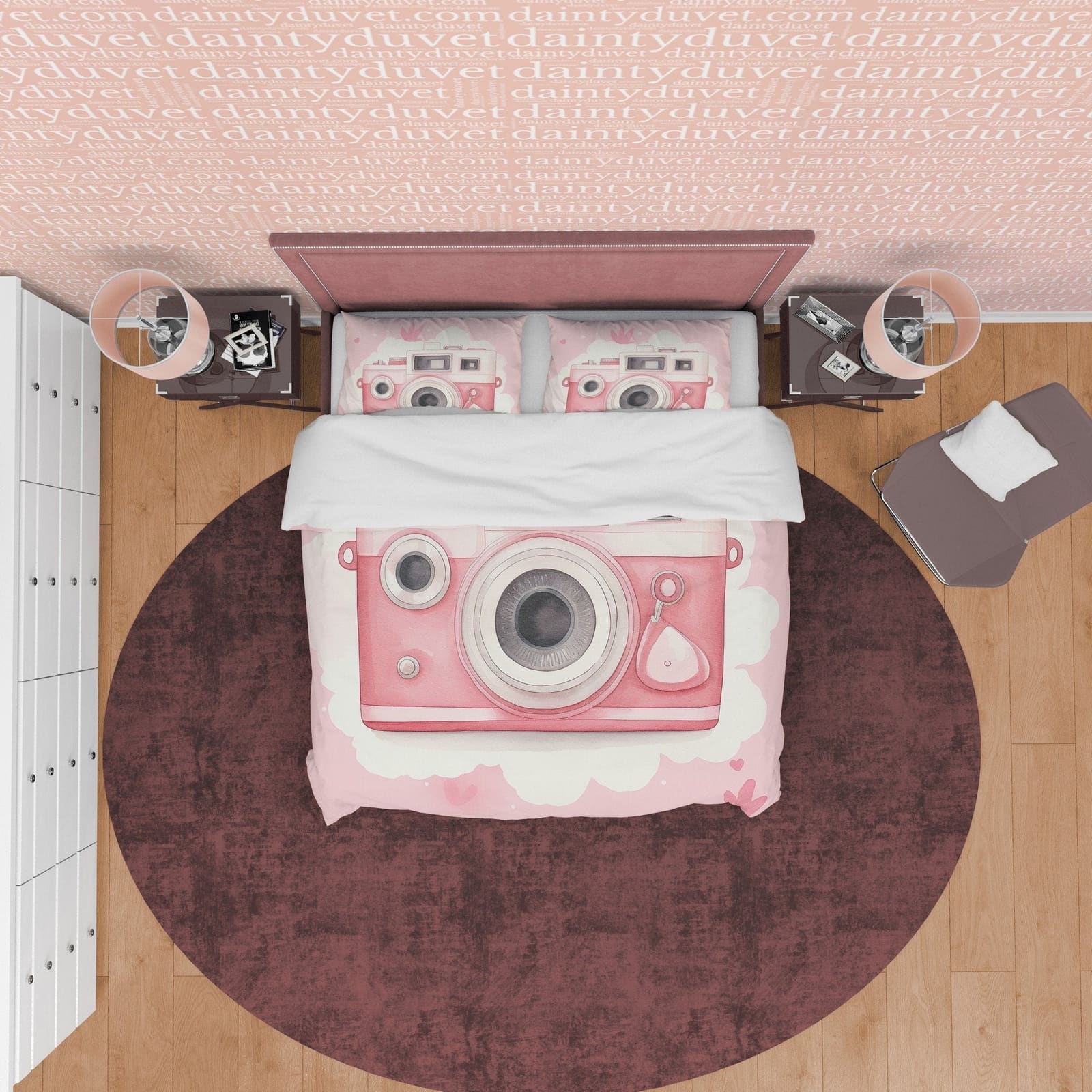 Retro Pink Camera Girls Bedroom Duvet Cover, Photography Lover Bedroom Quilt, Girly Vintage Camera Pink Bedspread, Girl Ph…