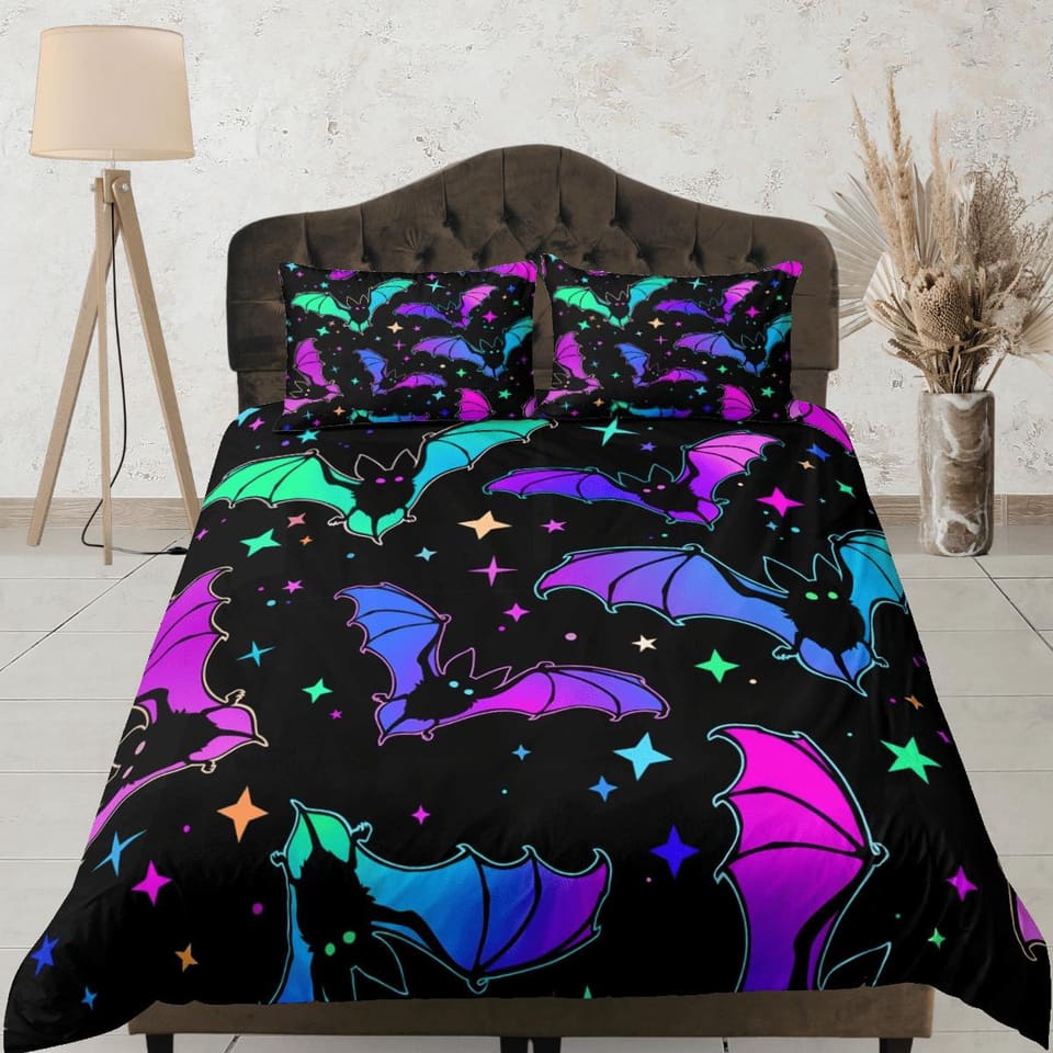 Retro stars and bats 90s neon halloween bedding hippie duvet cover, colorful dorm bedding, teens bedroom, adult duvet, tod…