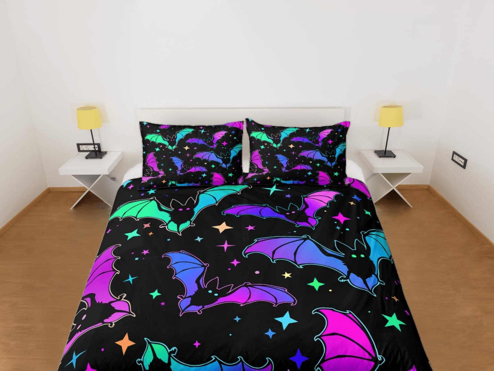 Retro stars and bats 90s neon halloween bedding hippie duvet cover, colorful dorm bedding, teens bedroom, adult duvet, tod…