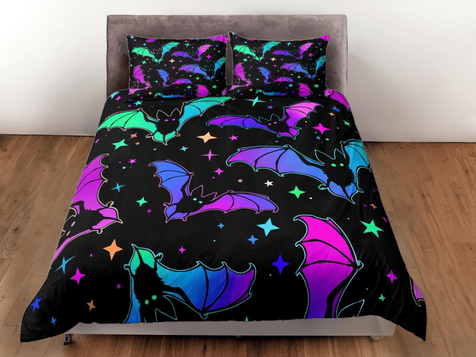 Retro stars and bats 90s neon halloween bedding hippie duvet cover, colorful dorm bedding, teens bedroom, adult duvet, tod…