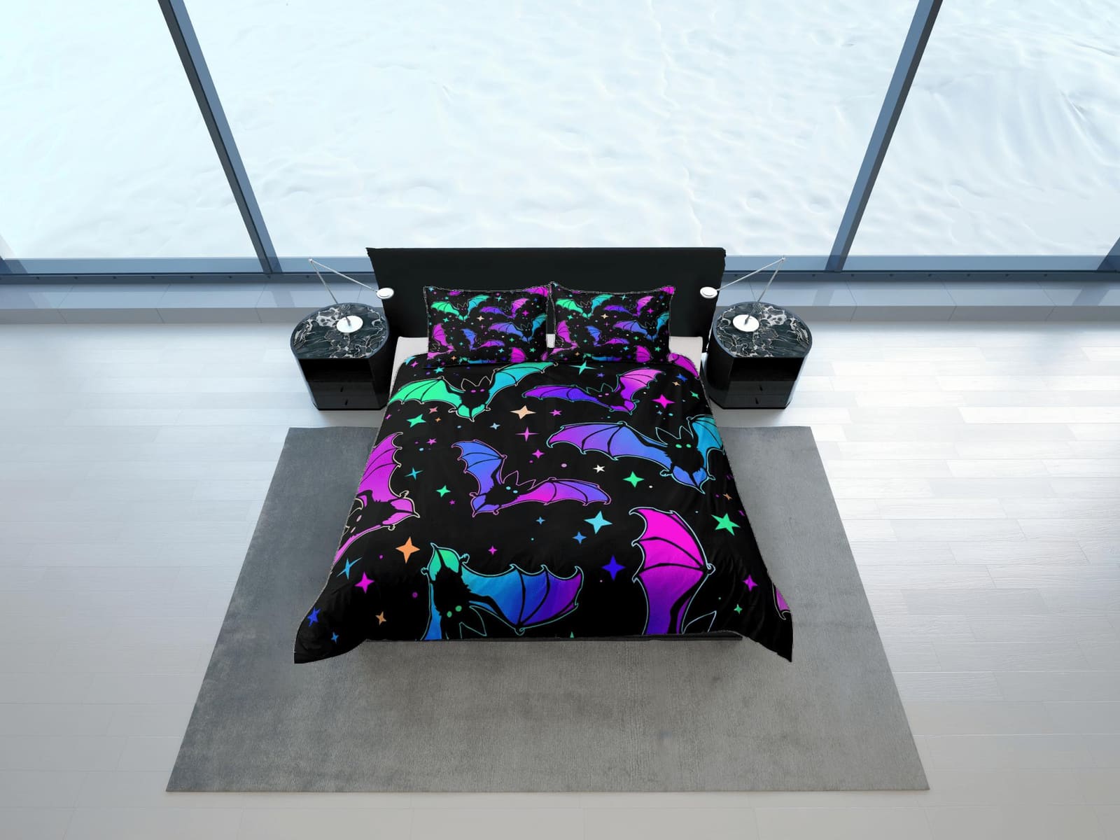 Retro stars and bats 90s neon halloween bedding hippie duvet cover, colorful dorm bedding, teens bedroom, adult duvet, tod…