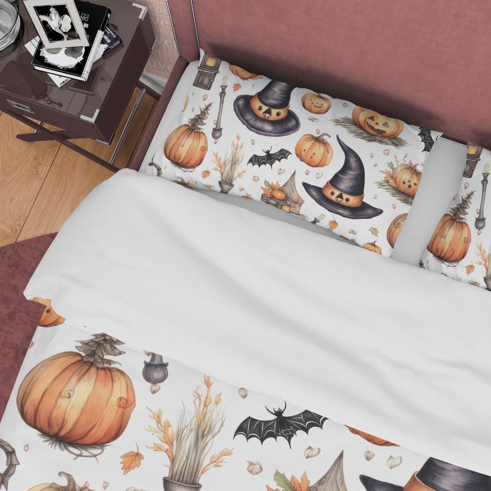 Retro Style Halloween Duvet Cover Set, Pumpkin, Witch Hat, Aesthetic Zipper Bedding, Spooky Bedroom, US, UK, European, Aus…