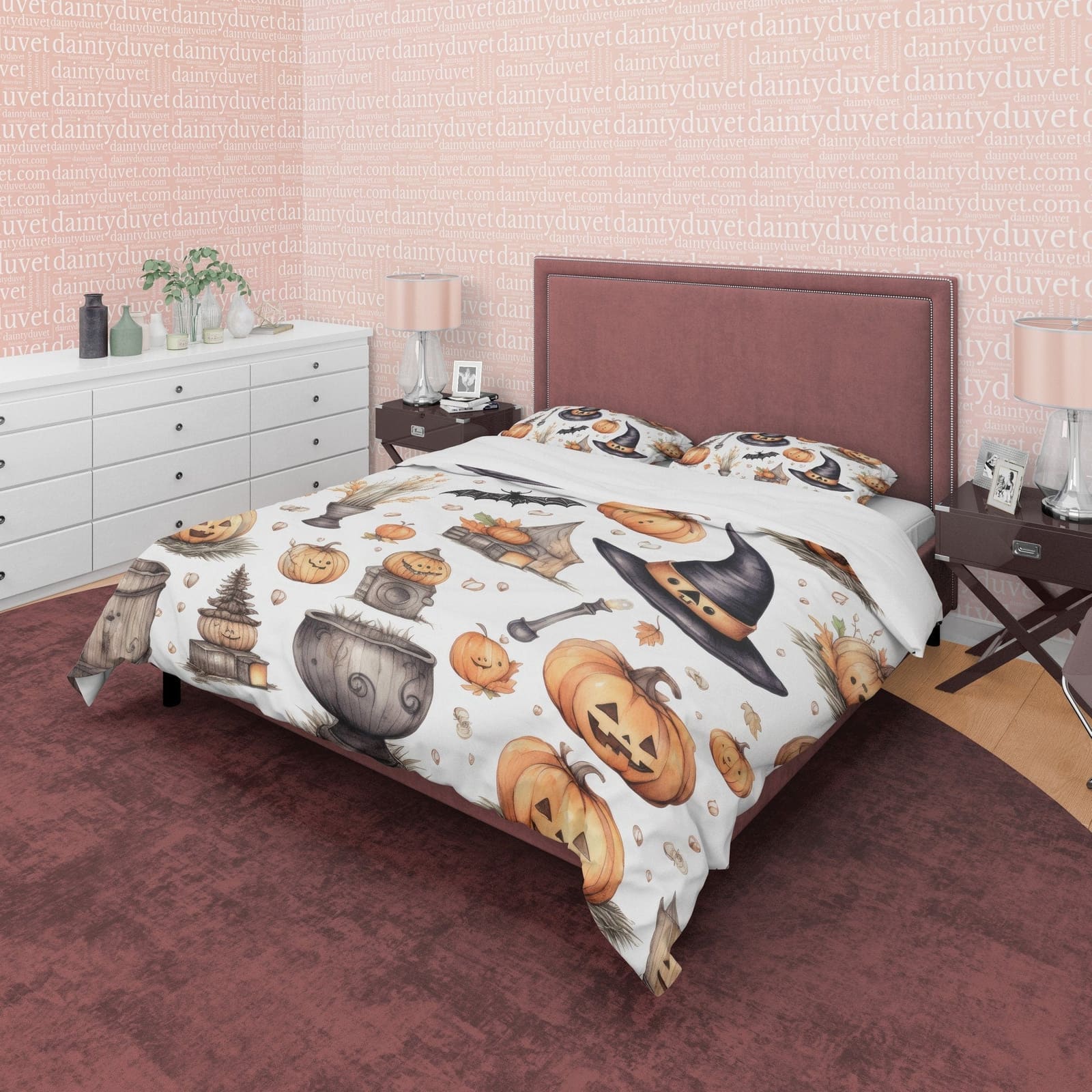Retro Style Halloween Duvet Cover Set, Pumpkin, Witch Hat, Aesthetic Zipper Bedding, Spooky Bedroom, US, UK, European, Aus…