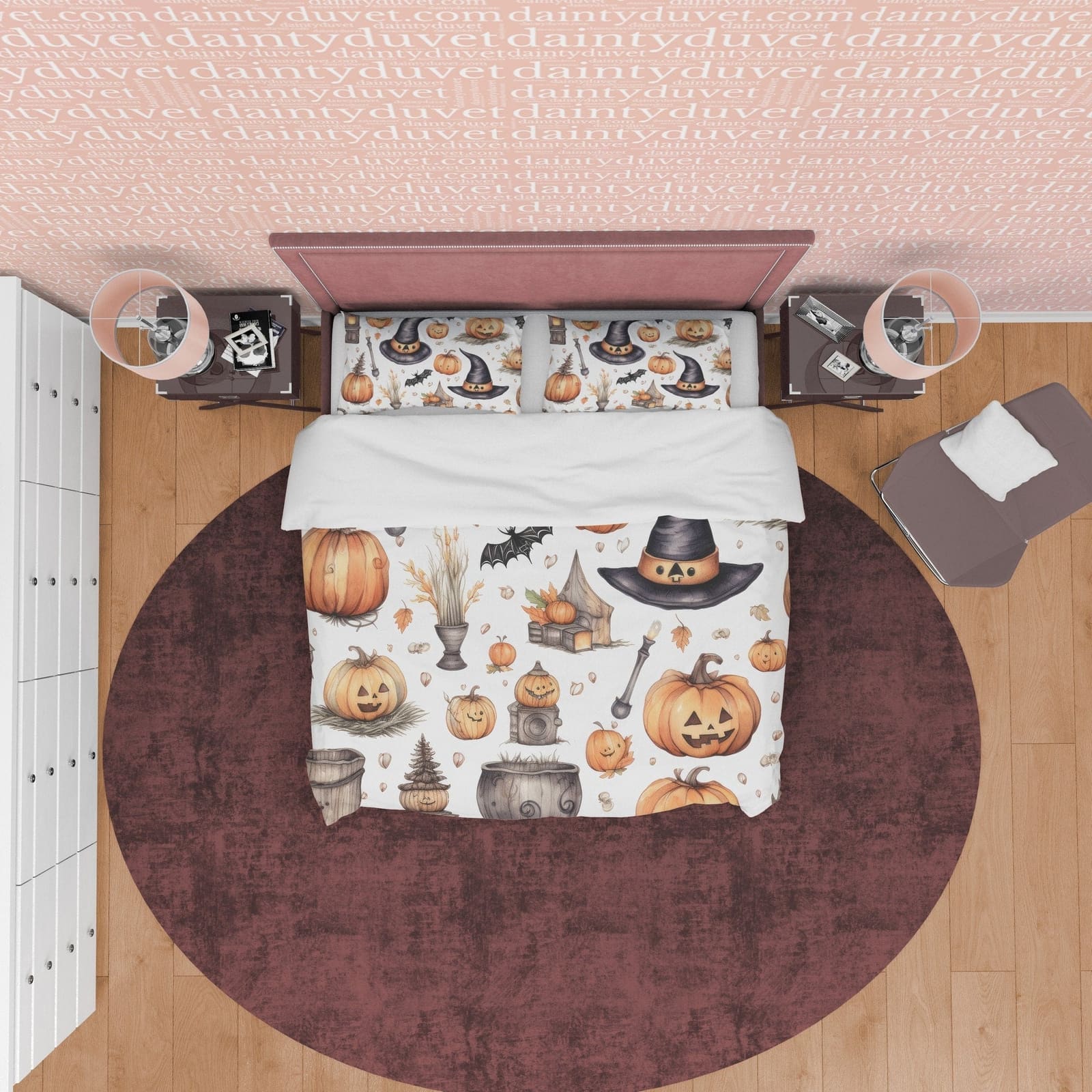 Retro Style Halloween Duvet Cover Set, Pumpkin, Witch Hat, Aesthetic Zipper Bedding, Spooky Bedroom, US, UK, European, Aus…