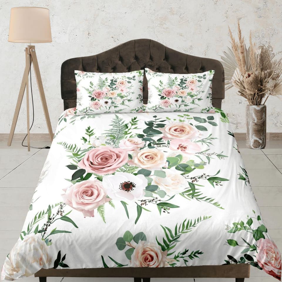 Roses Duvet Cover Set Bohemian Bedspread, Floral Dorm Boho Bedding Pillowcase