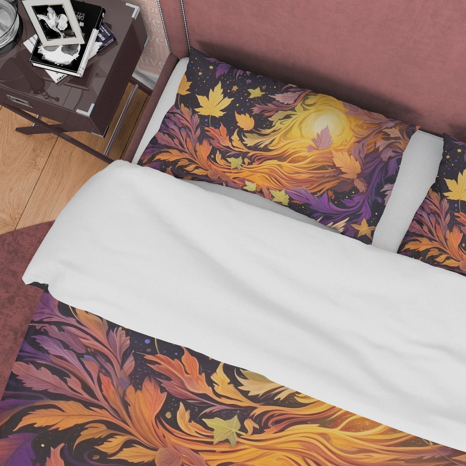 Rustic Duvet Cover Purple with Flying Bird, Autumn Bedding Set, Warm Autumn Colors Printed Quilt Cover, Foliage Bedspread…