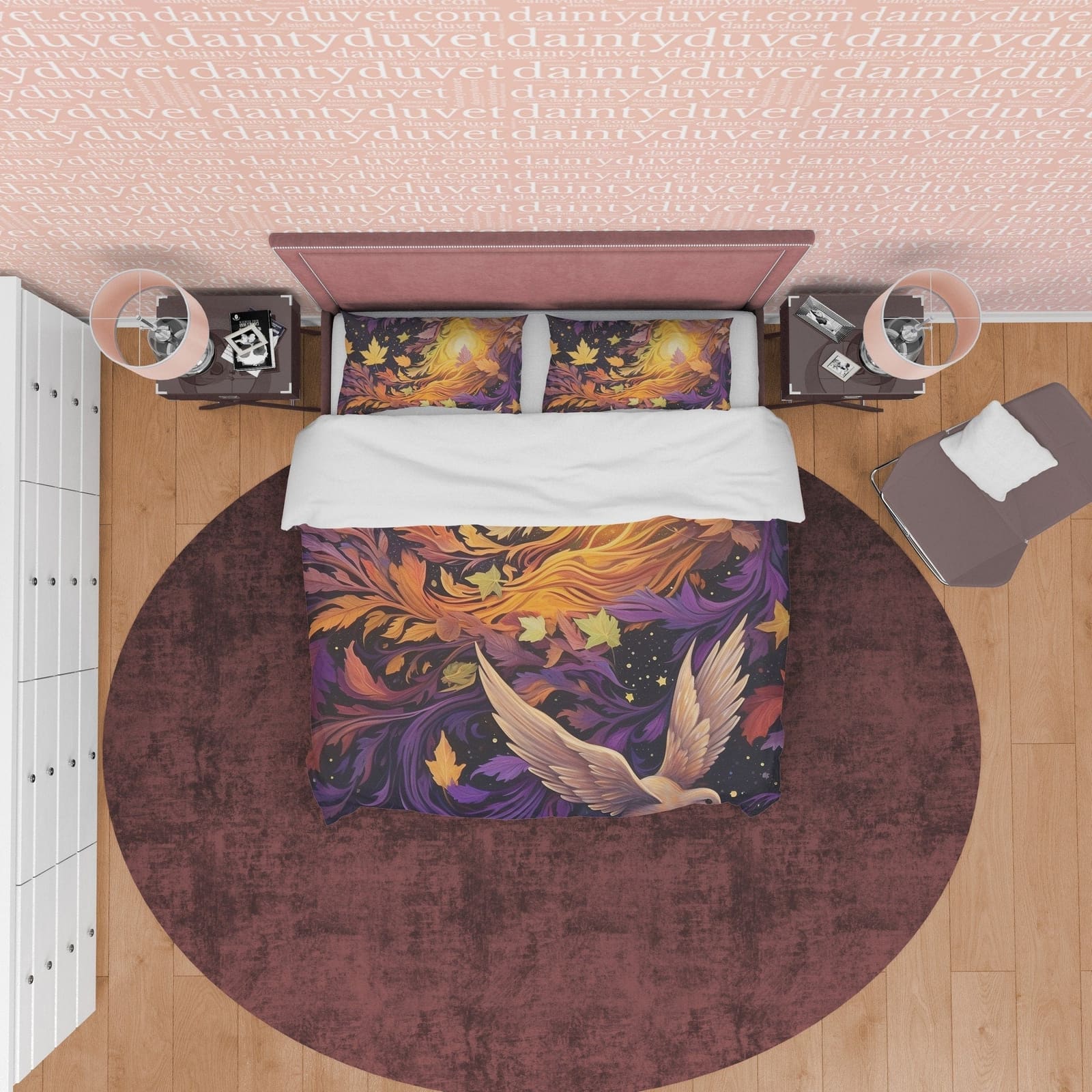 Rustic Duvet Cover Purple with Flying Bird, Autumn Bedding Set, Warm Autumn Colors Printed Quilt Cover, Foliage Bedspread…