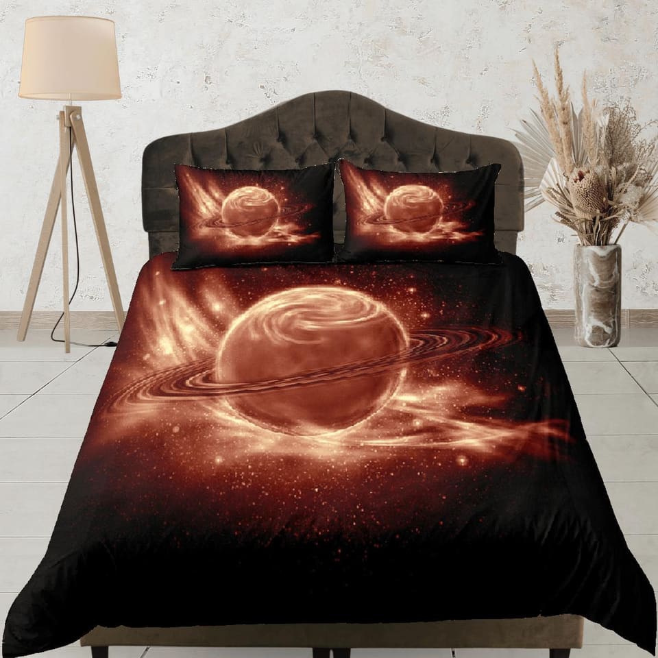 Rustic planet duvet cover set, Saturn galaxy bedding, outer space bedding set full, duvet cover king, queen, dorm bedding,…