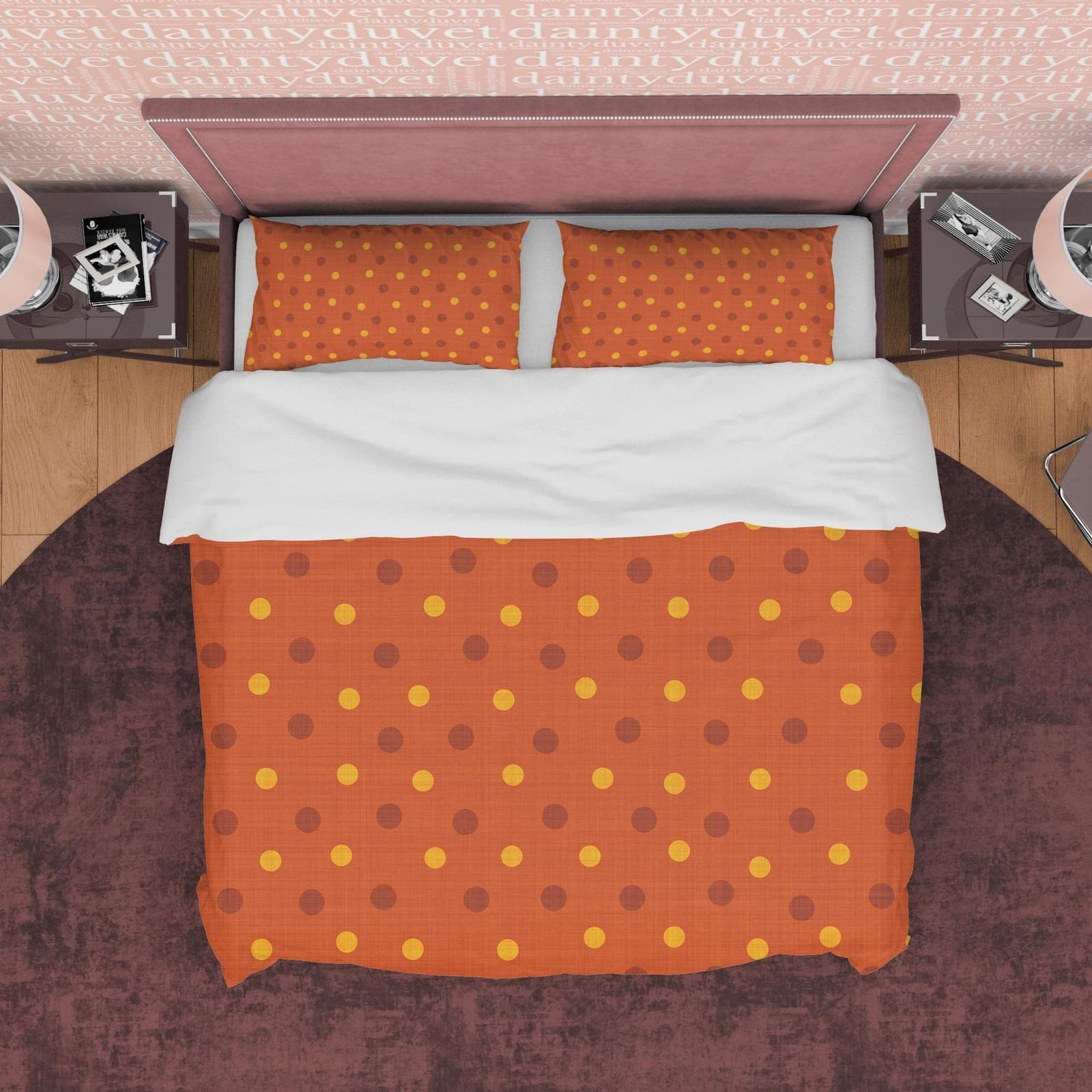 Rustic Polka Dot Duvet Cover Geometric Bedding, Yellow Dotted Quilt Cover, Mid Century Modern Bedroom Set, Brown Geometric…