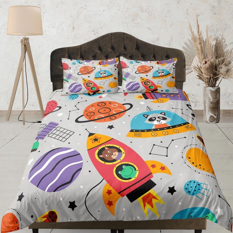 Safari animals grey duvet cover set kids, galaxy bedding set full, king, queen, astronomy dorm bedding, toddler bedding ae…