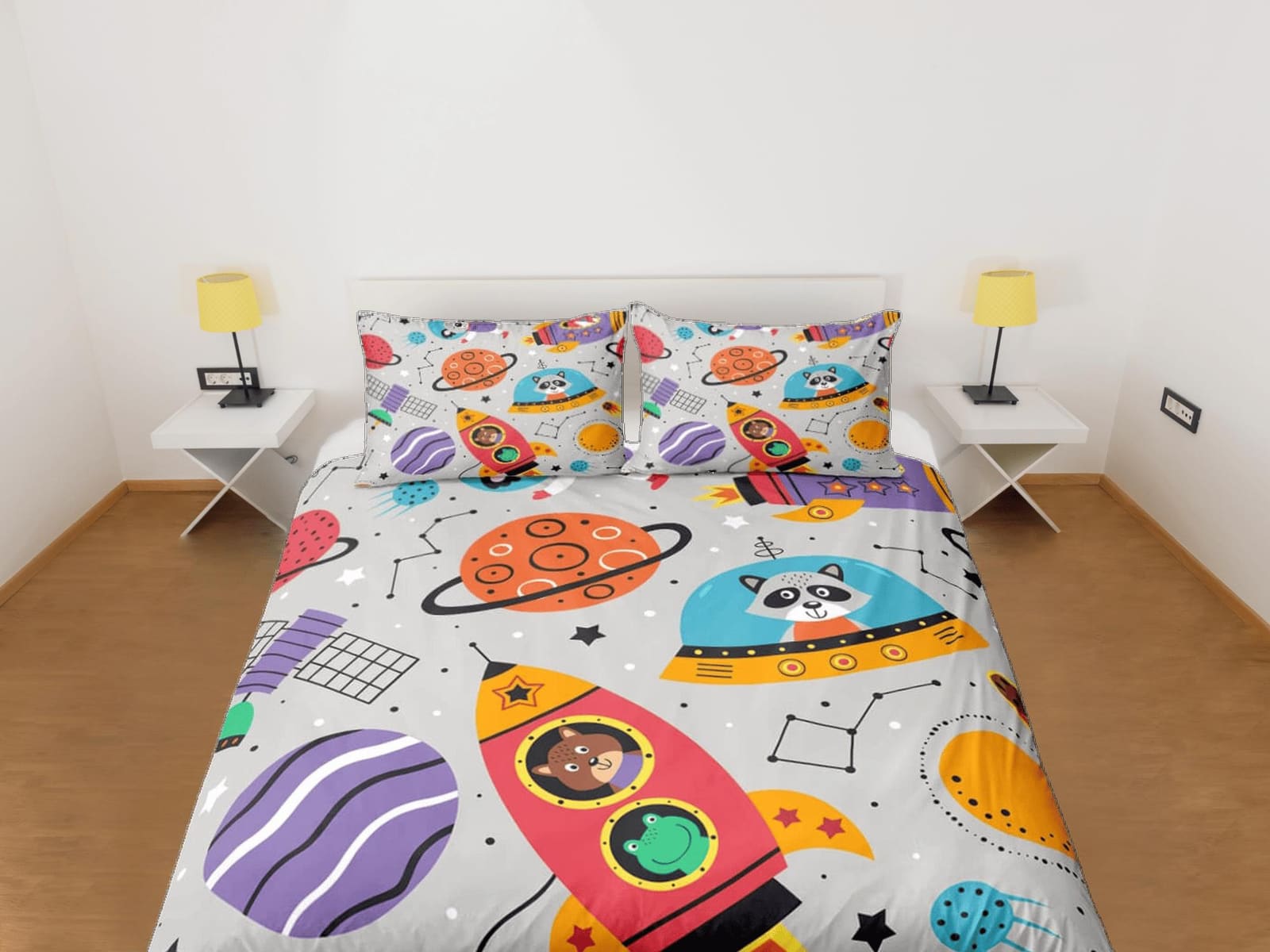 Safari animals grey duvet cover set kids, galaxy bedding set full, king, queen, astronomy dorm bedding, toddler bedding ae…