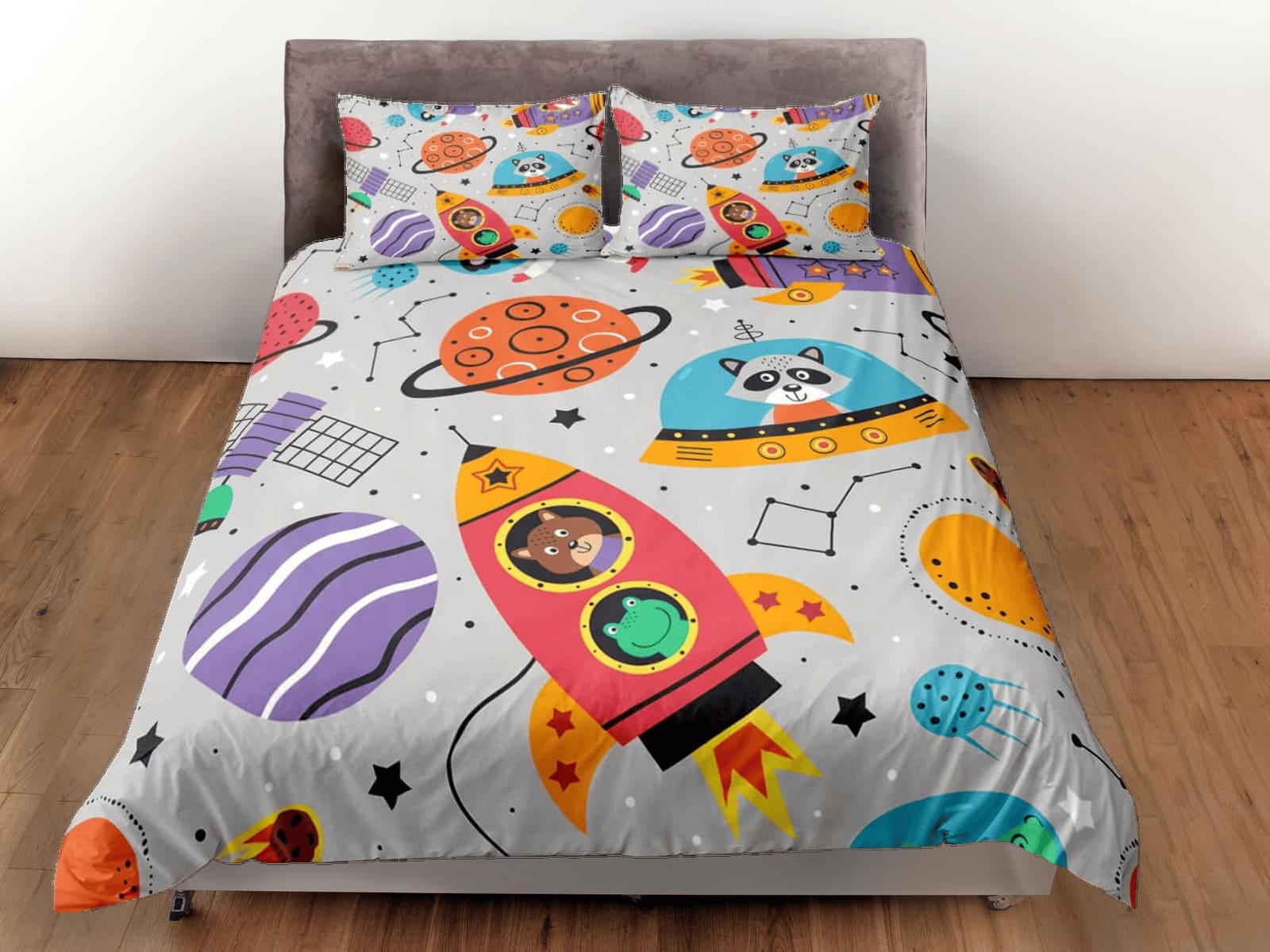 Safari animals grey duvet cover set kids, galaxy bedding set full, king, queen, astronomy dorm bedding, toddler bedding ae…