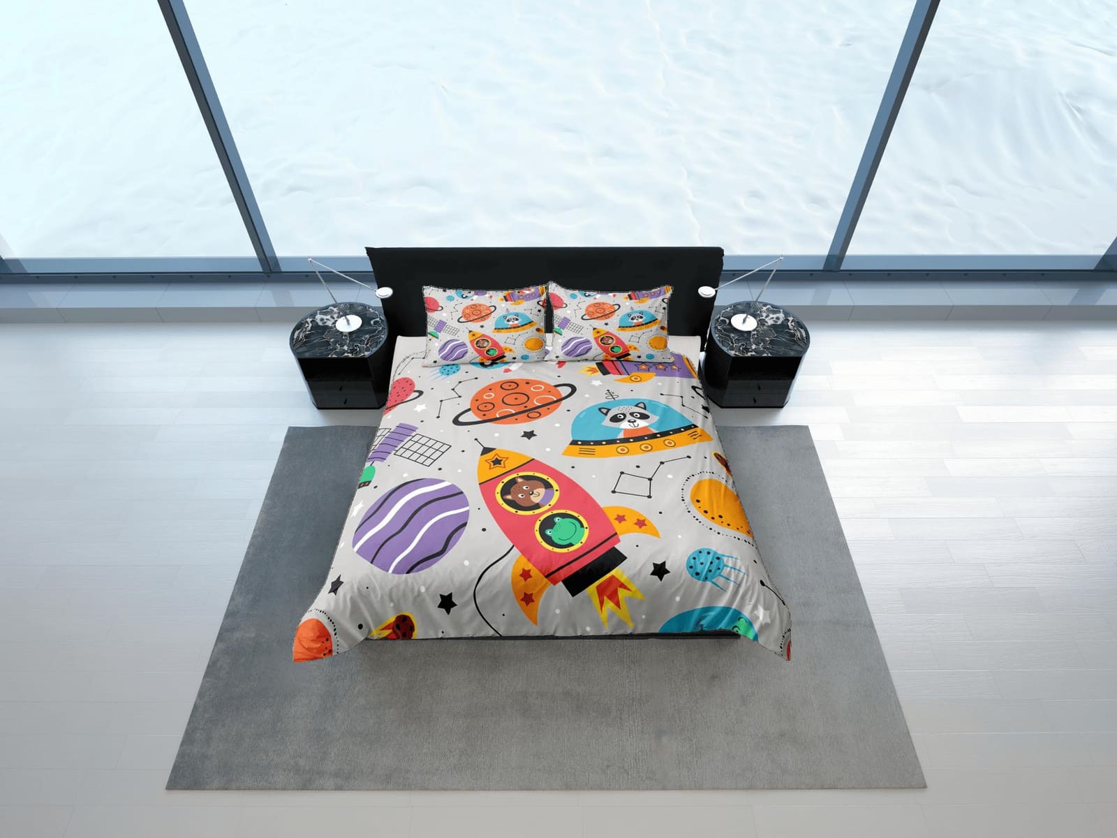 Safari animals grey duvet cover set kids, galaxy bedding set full, king, queen, astronomy dorm bedding, toddler bedding ae…