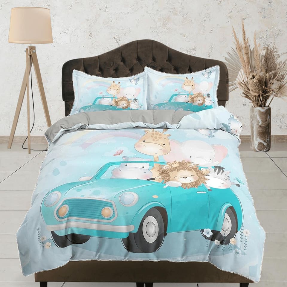 Safari Animals in Green Car Bedding, Duvet Cover & Pillowcase, Zipper Bedding, Dorm Bedding, Teens Adult Duvet King Queen…
