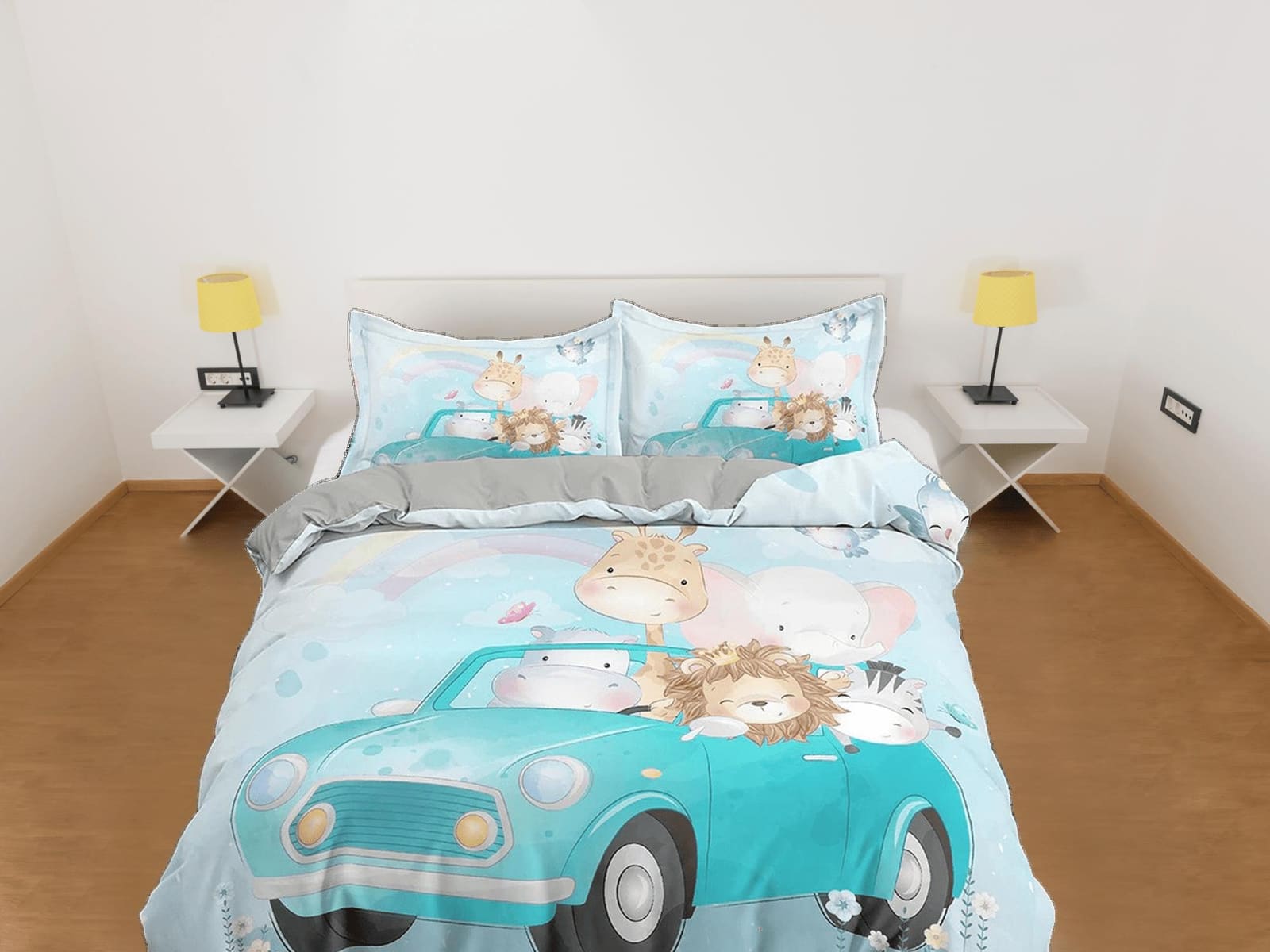 Safari Animals in Green Car Bedding, Duvet Cover & Pillowcase, Zipper Bedding, Dorm Bedding, Teens Adult Duvet King Queen…