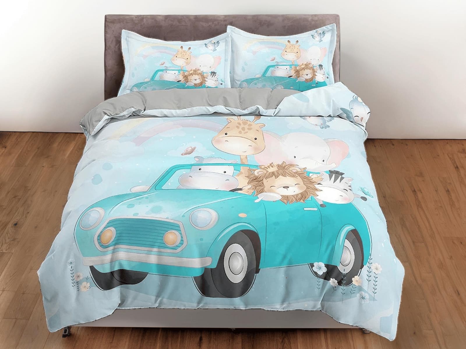 Safari Animals in Green Car Bedding, Duvet Cover & Pillowcase, Zipper Bedding, Dorm Bedding, Teens Adult Duvet King Queen…