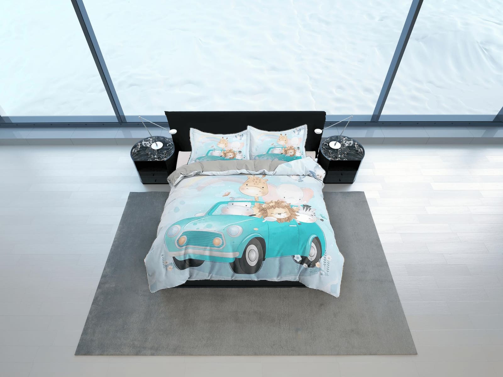 Safari Animals in Green Car Bedding, Duvet Cover & Pillowcase, Zipper Bedding, Dorm Bedding, Teens Adult Duvet King Queen…