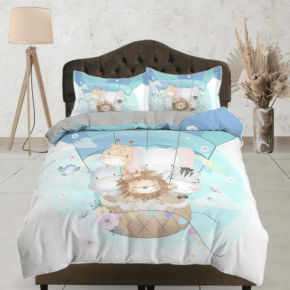 Safari Animals in Hot Air Balloon Bedding, Duvet Cover Set, Zipper Bedding, Dorm Bedding, Teens Adult Duvet King Queen Ful…